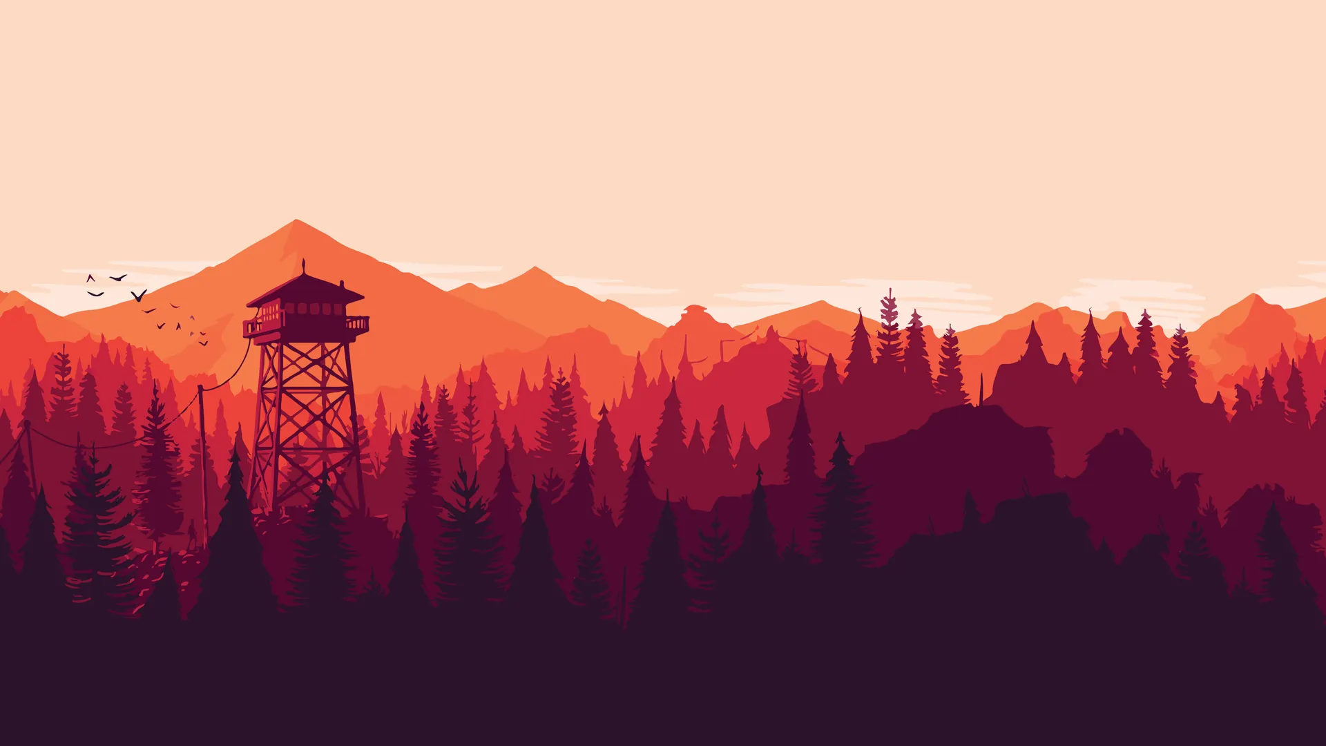 4k 橙红山林瞭望塔场景壁纸 治愈系暖调自然风格桌面下载