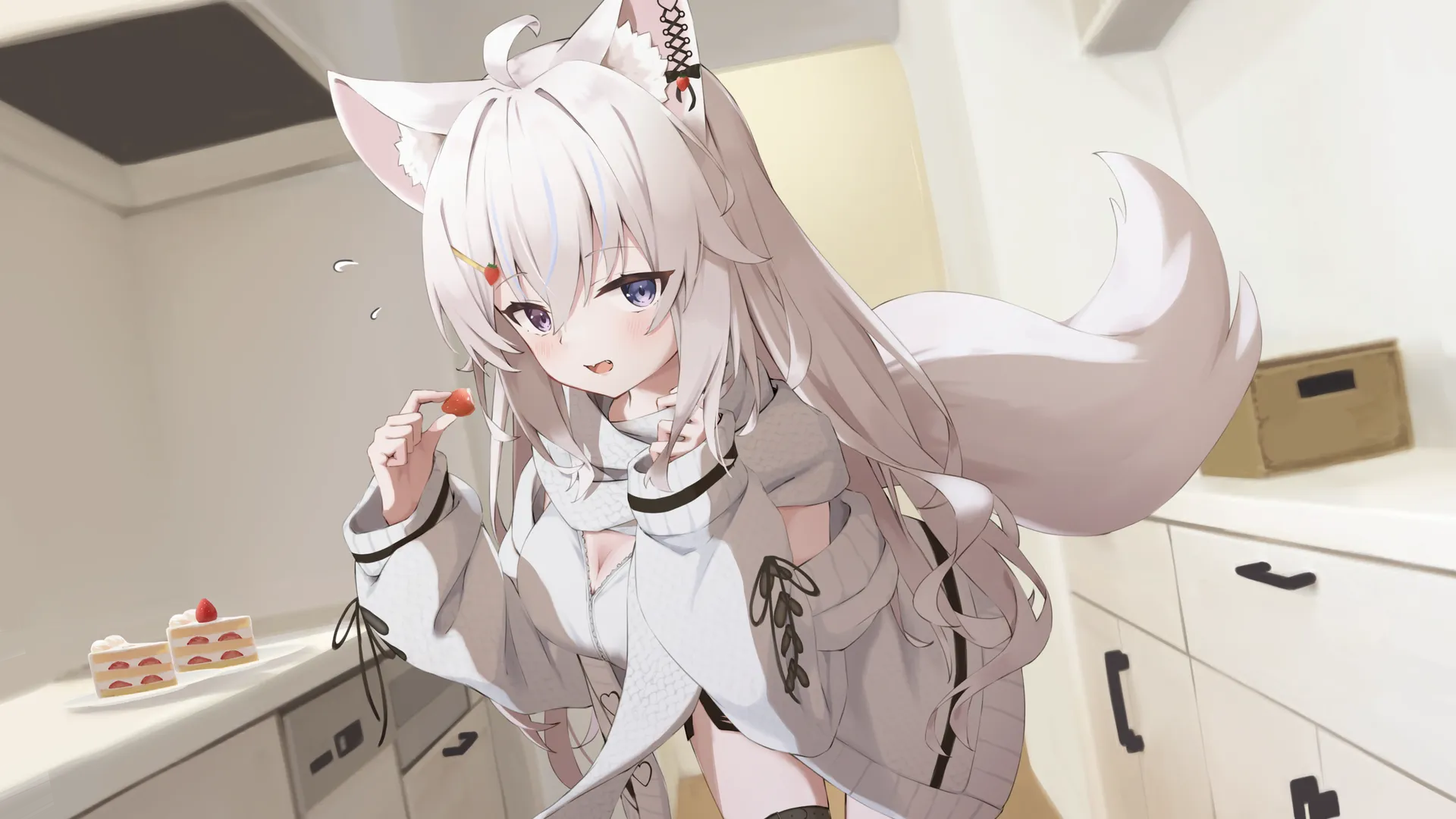 4K狐耳狐尾蛋糕少女壁纸 – 双音长发异色草莓糖果脸红高清