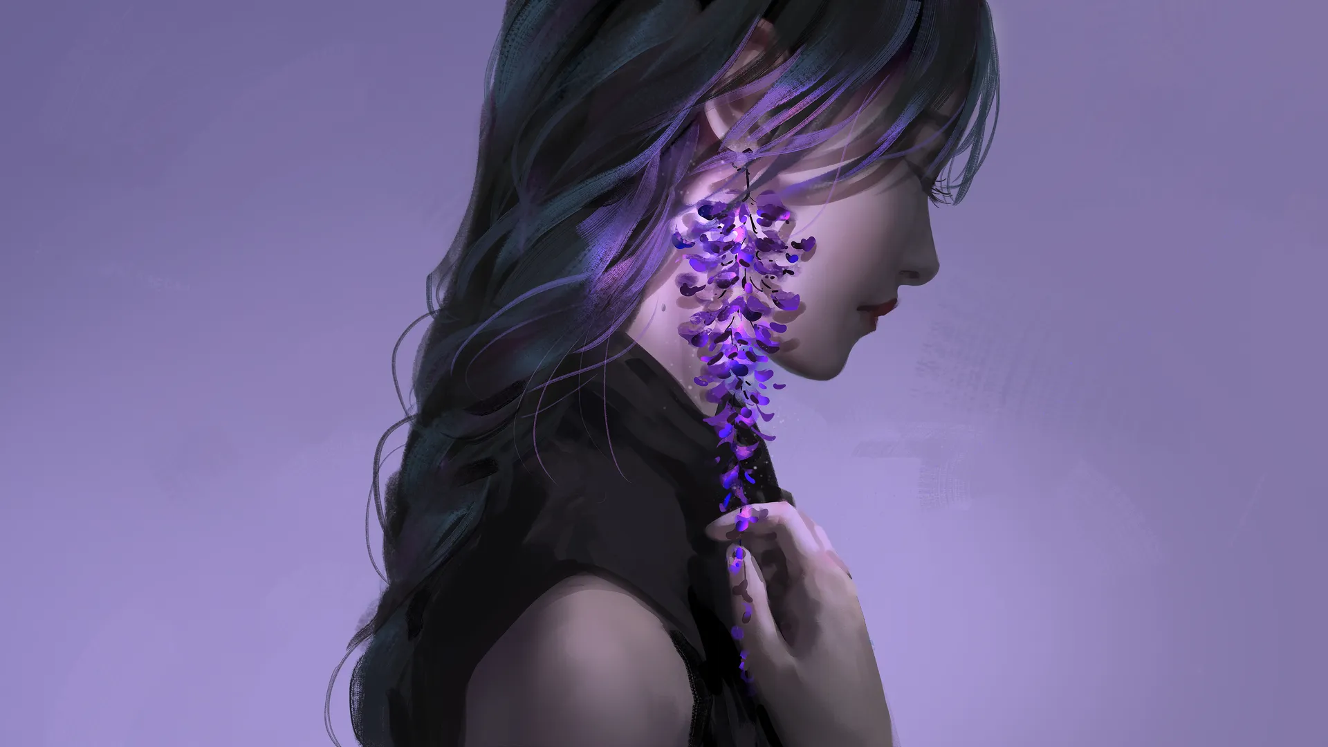 紫藤花饰紫调少女 4K 电脑壁纸，氛围感暗调背景4K壁纸_4K人物