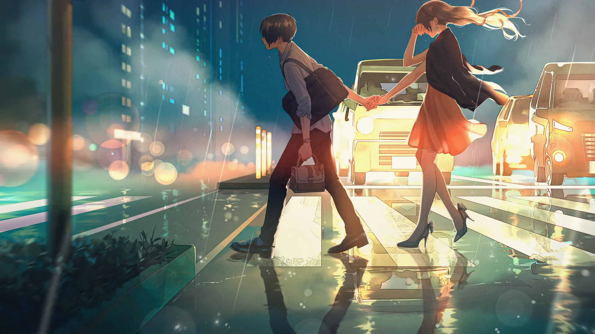 日系都市雨景情侣 4K 电脑壁纸，新海诚风治愈系恋爱背景