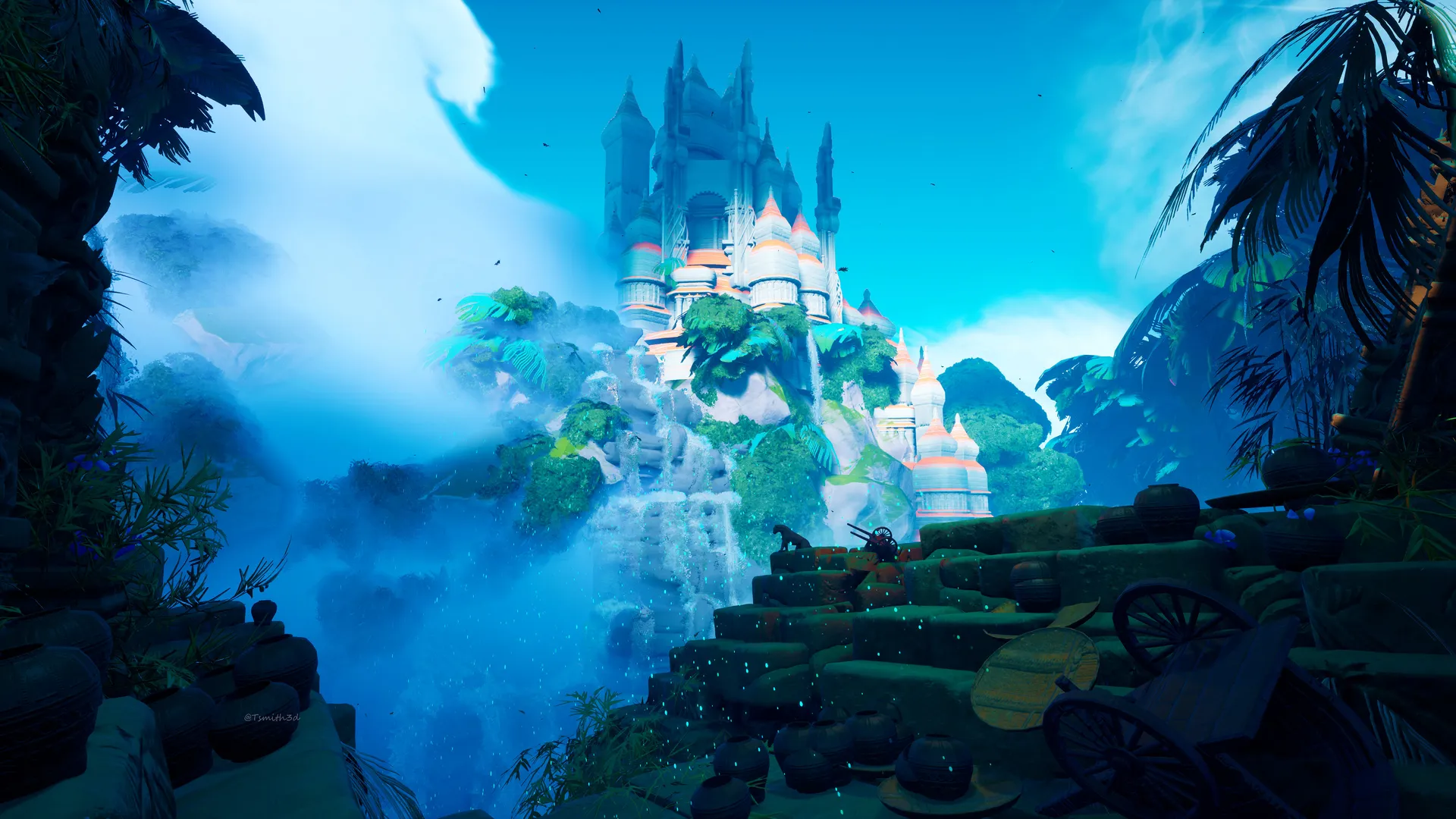 奇幻浮空雨林城堡 4K 电脑壁纸，童话风秘境冒险背景