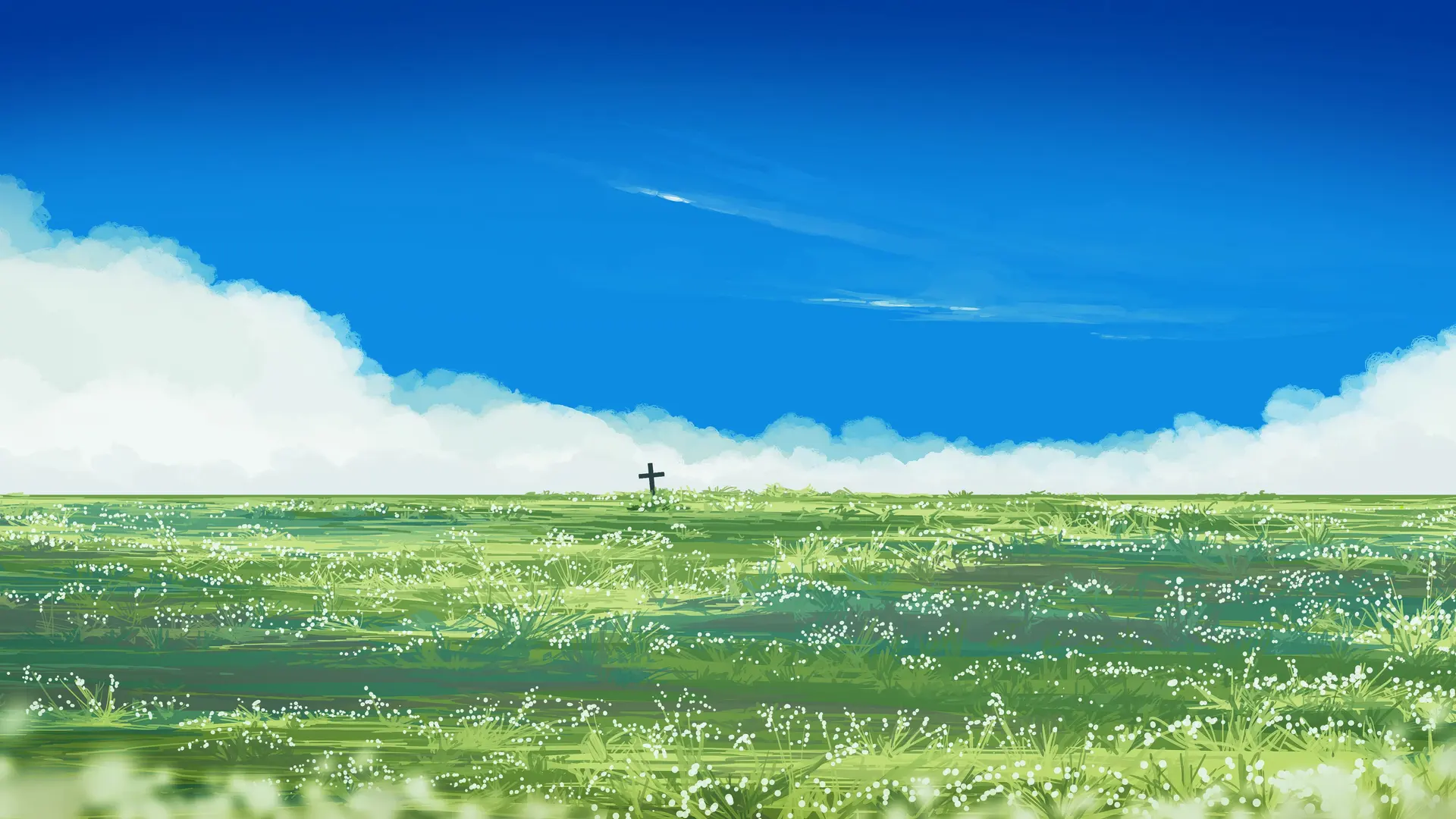 日系空旷草野十字架 4K 电脑壁纸，治愈系孤独美学背景