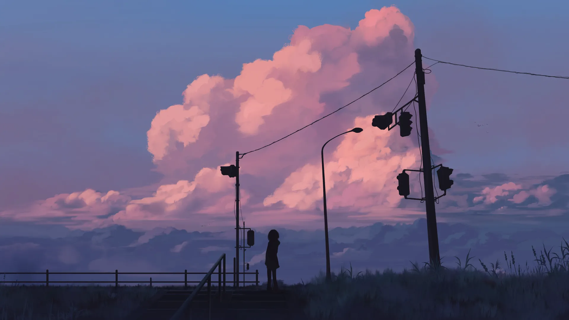 粉云黄昏少女剪影 4K 电脑壁纸 日系动漫治愈系桌面背景4K壁纸_4K人物