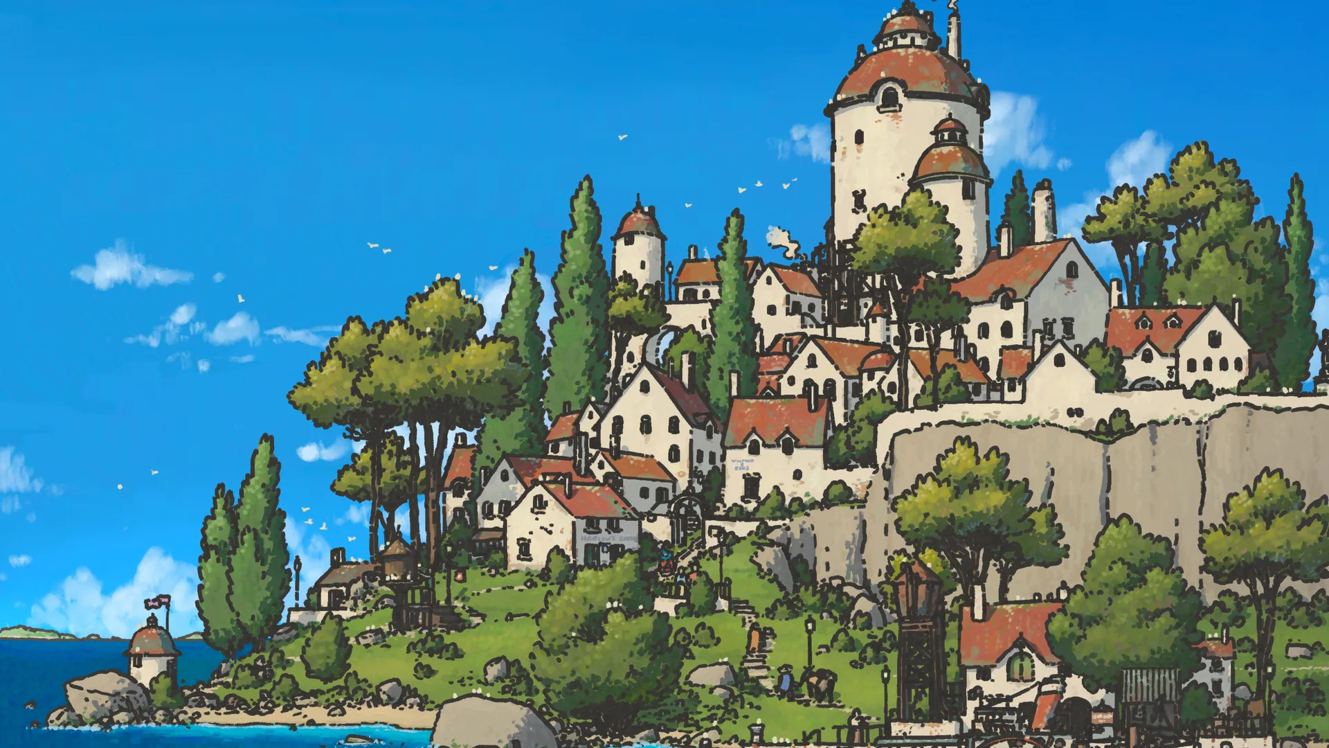 童话海滨山城 4K 插画壁纸 清新治愈风欧式小镇场景桌面背景4K壁纸_4K游戏