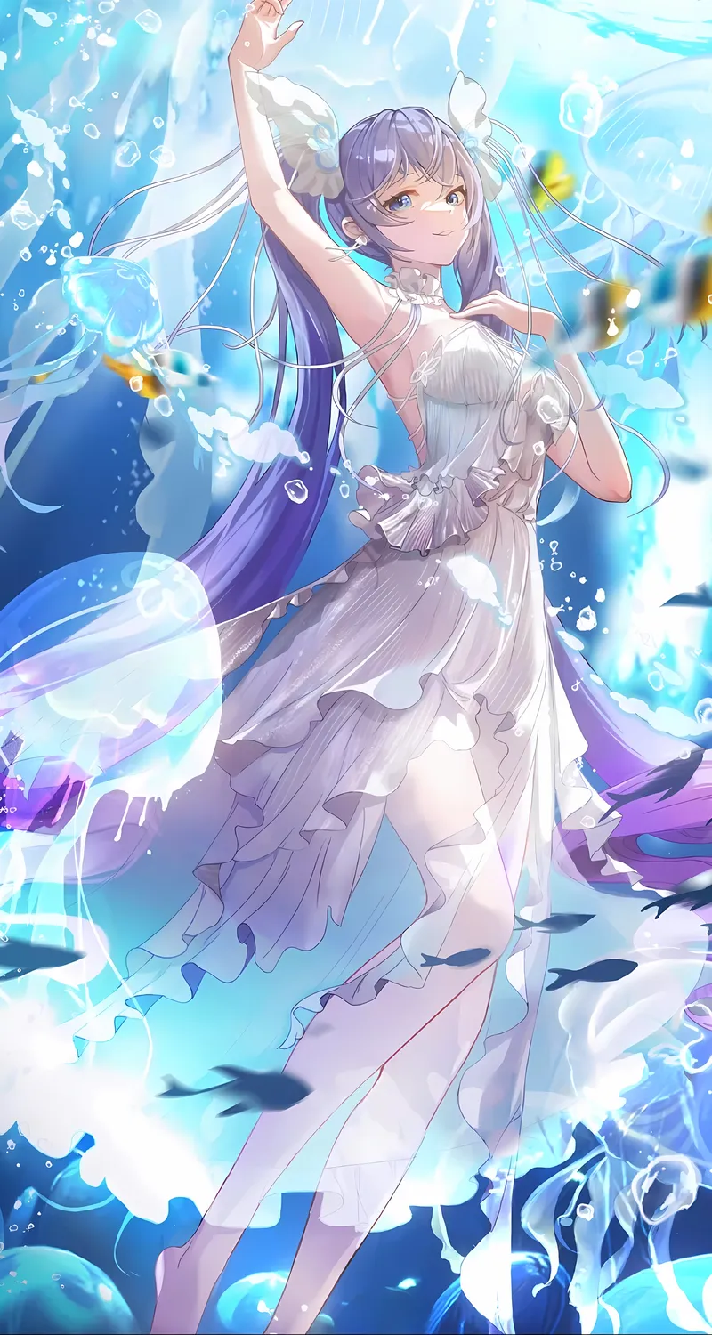 海境绮影 4K 动漫人鱼手机壁纸 幻蓝空灵风水下少女场景桌面背景