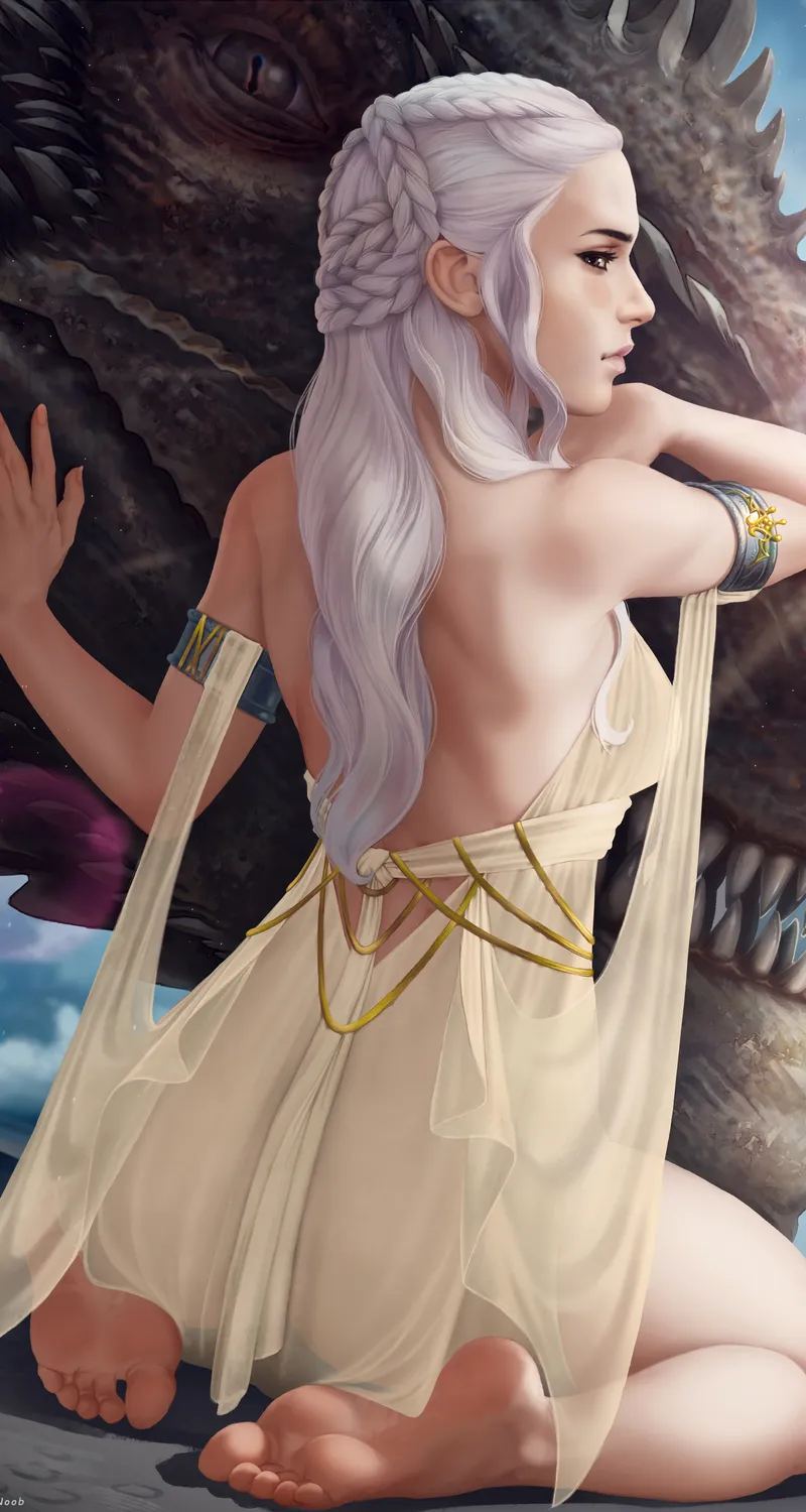 权力游戏同人 | 白发龙女奇幻艺术4K手机壁纸 素描风格动漫连衣裙女孩