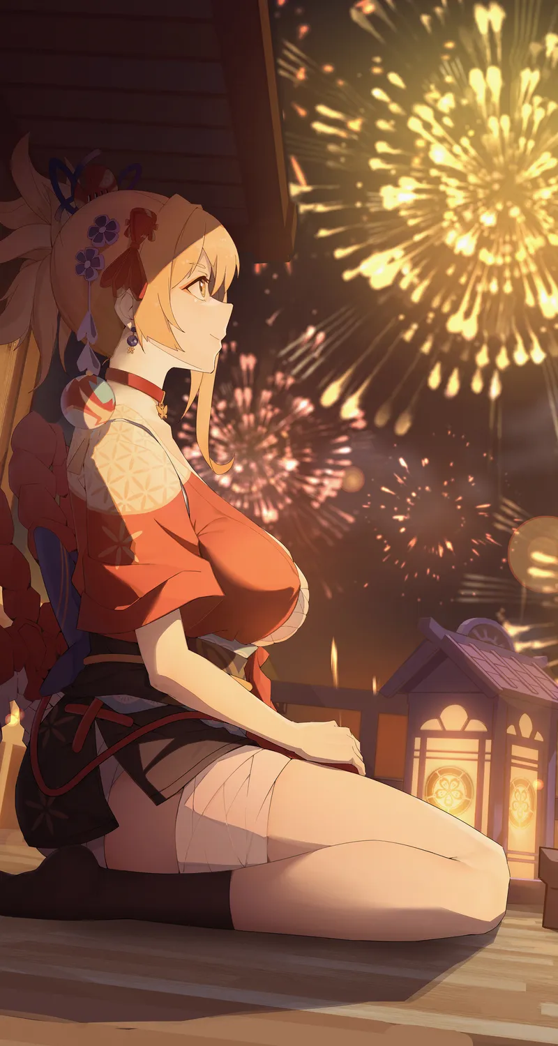 【原神】烟花与灯笼下的动漫女孩4K手机壁纸 | 节日庆典氛围桌面