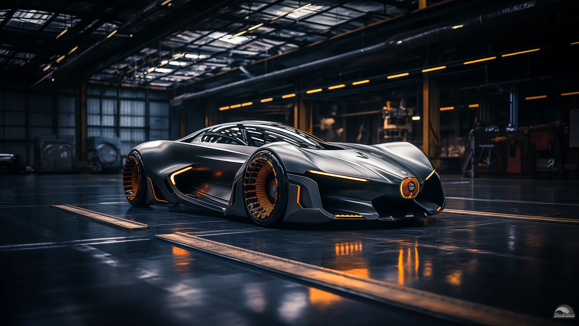 银焰锐影 4K 未来概念超跑壁纸 极致工业感厂房超跑场景桌面背景