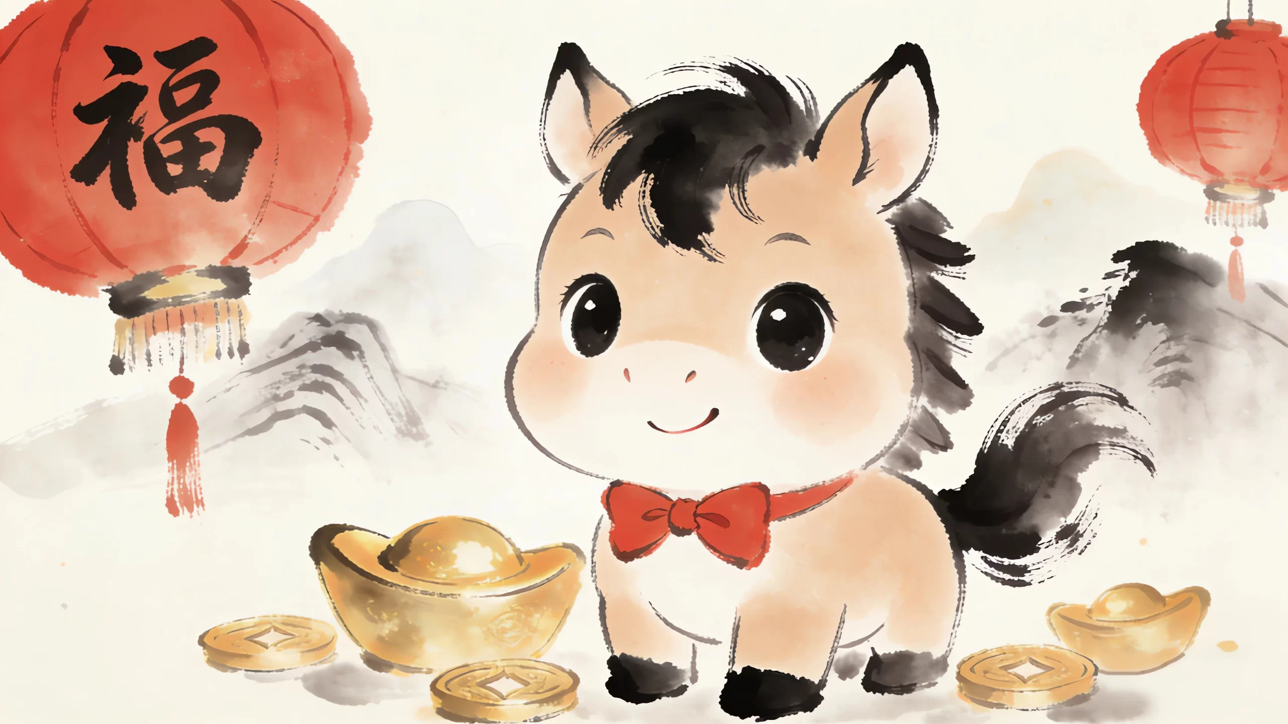 福运萌马 4K 马年新春水墨壁纸 喜庆萌趣感生肖年俗场景桌面背景