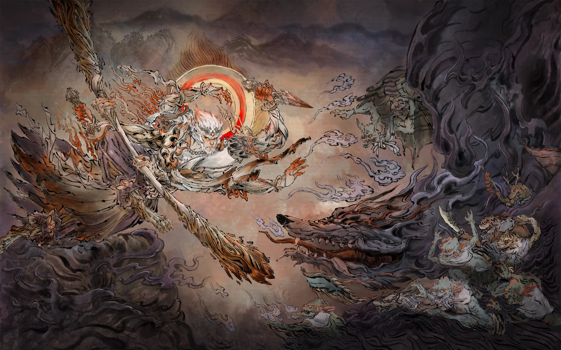 圣焰斗魔 4K 国风神话壁纸 磅礴凌厉感悟空降妖场景桌面背景