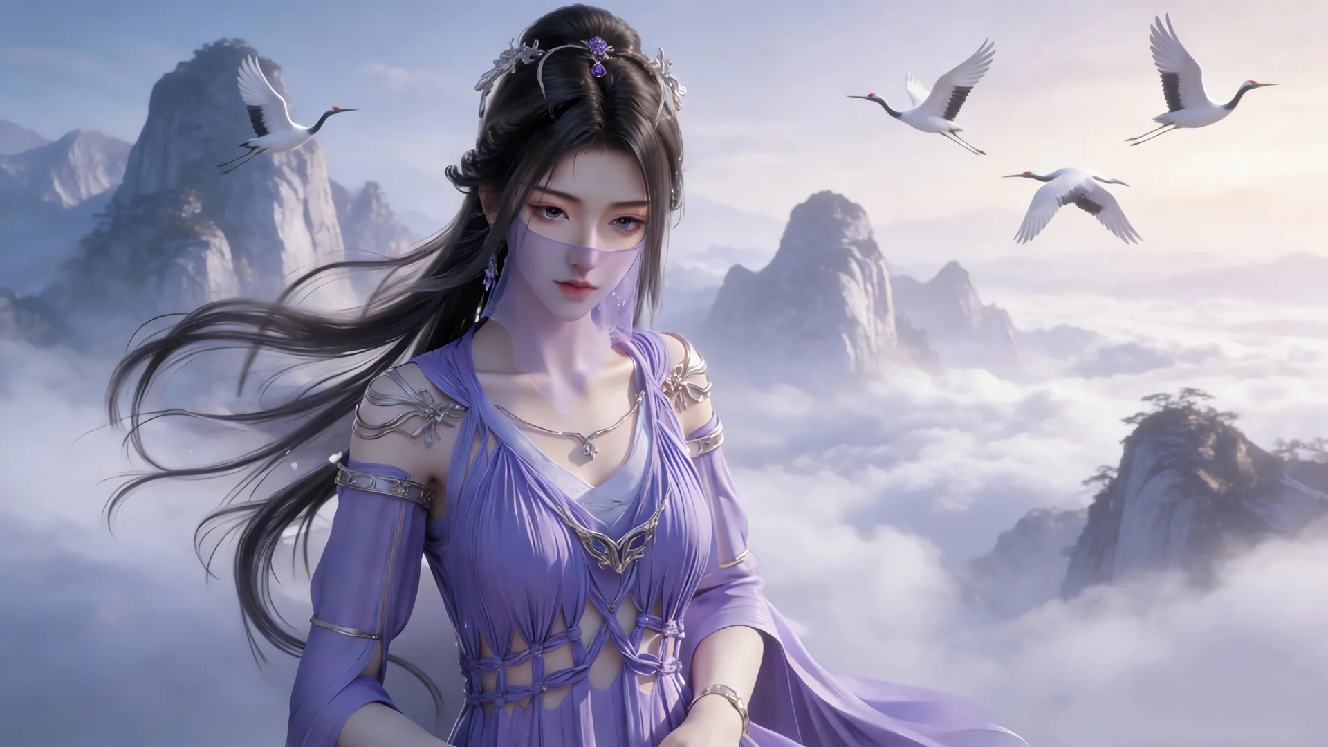 紫纱云境 4K 国风紫灵女像壁纸 仙韵空灵感云巅女像场景桌面背景