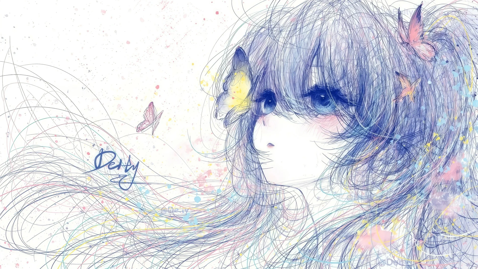 彩线蝶影 4K 插画壁纸 灵动随性感线稿人像场景桌面背景