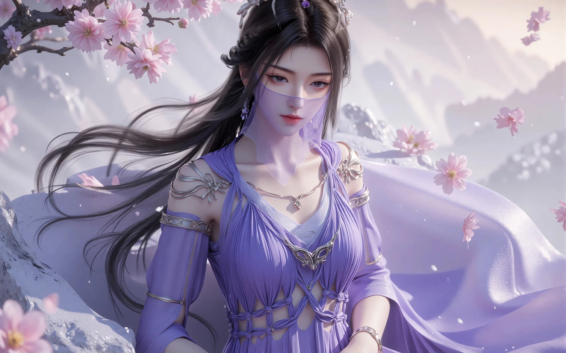 凡人修仙传 紫灵 4K 国风女像壁纸 仙幻氛围感樱花国风女像场景桌面背景