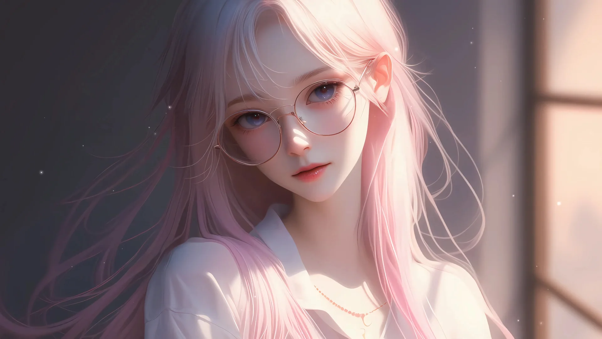 粉发眼镜娘 4K 二次元壁纸 柔光合焦风人像场景桌面背景