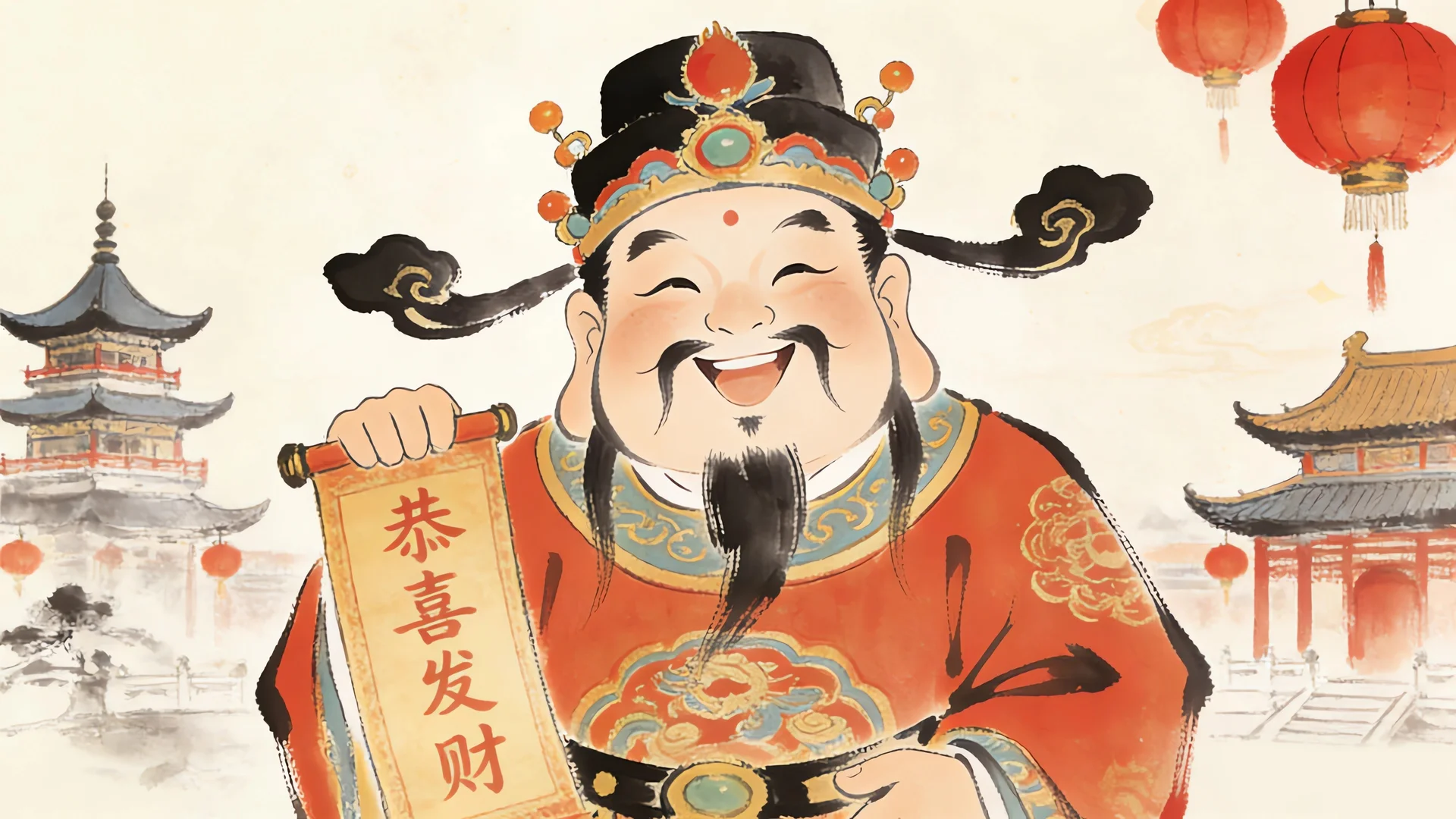 财神送福 4K 新春壁纸 国风水墨喜庆招财场景桌面背景