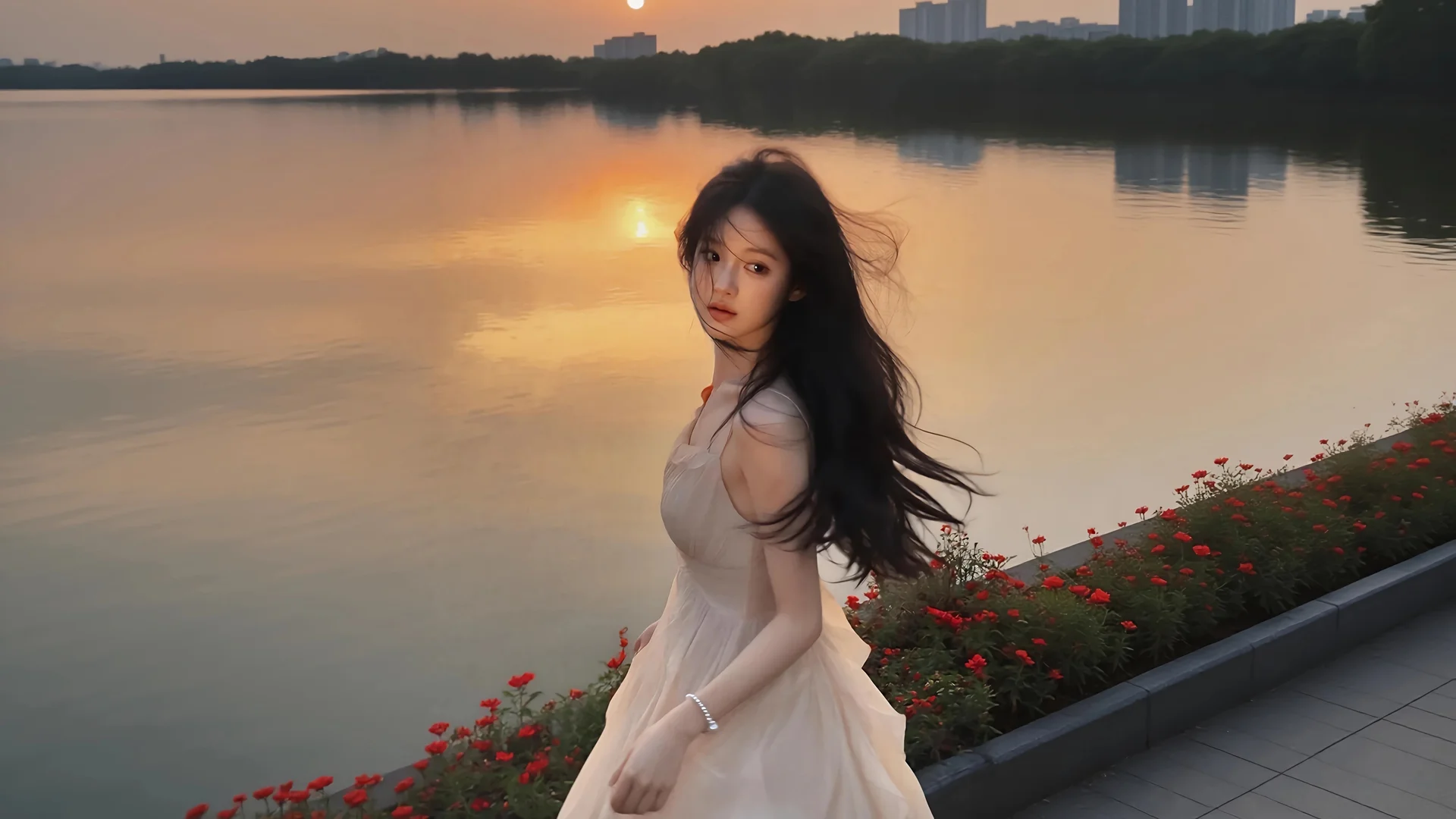 鎏金湖岸 4K 人像壁纸 暖调氛围感湖景人像场景桌面背景