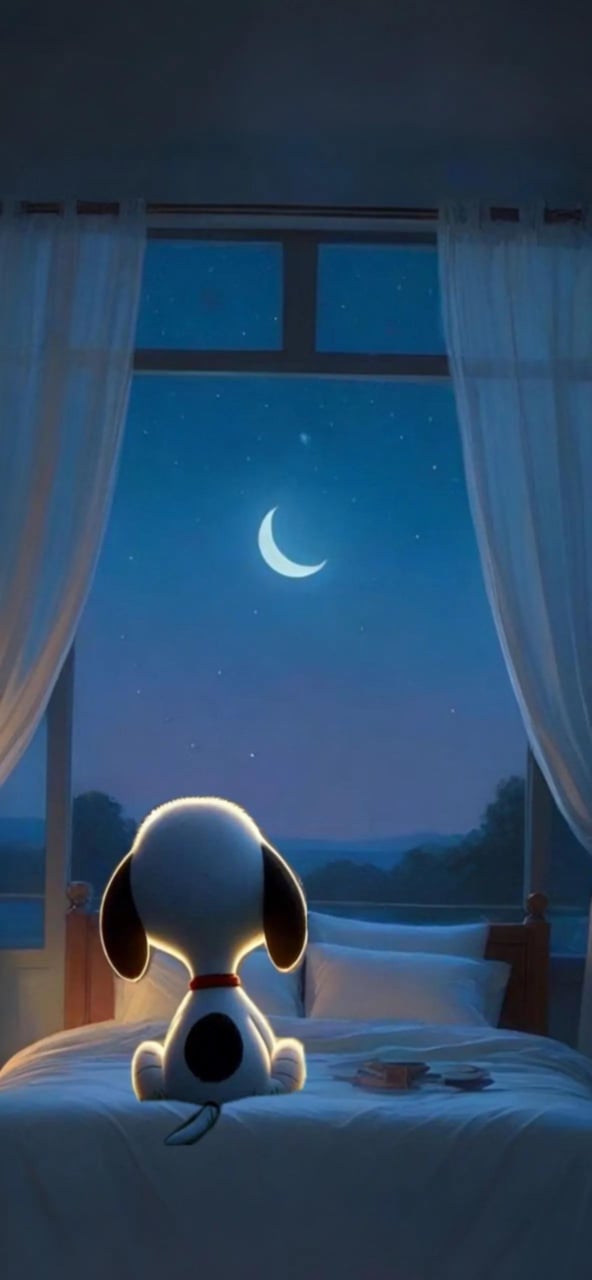 史努比夜晚卡通4K手机壁纸 | 花生漫画小狗望月、床上安睡温馨桌面