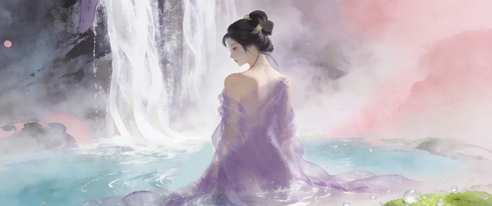 紫纱瀑影 4K 国风壁纸 雅致氛围感瀑下仙姬场景桌面背景