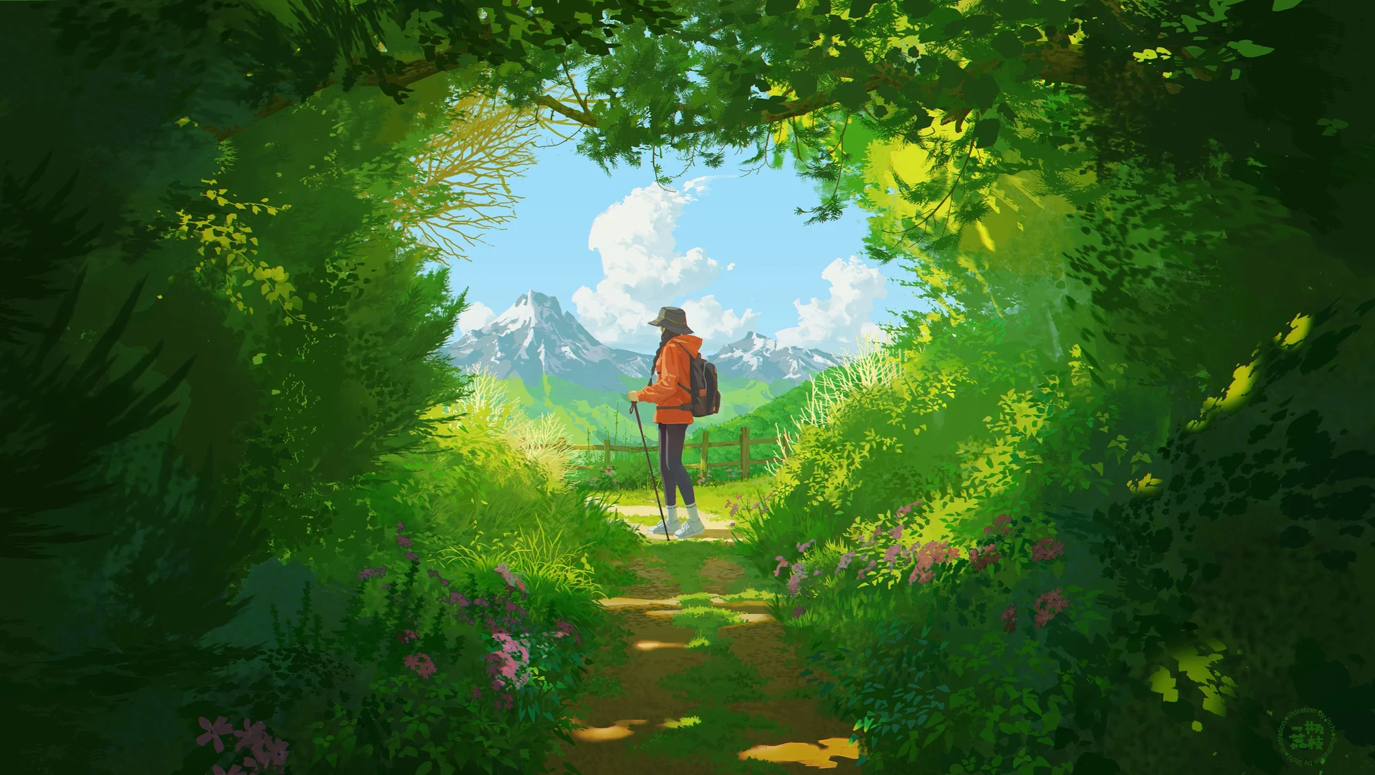 林径远眺 4K 动漫壁纸 清新治愈感徒步场景桌面背景