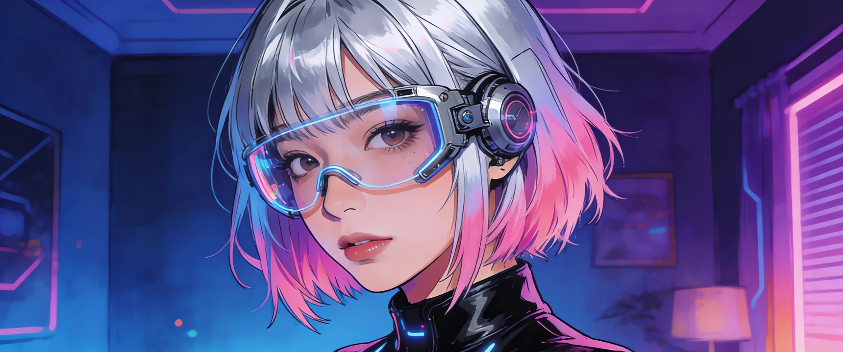 赛博瞳影 4K 动漫壁纸 冷艳氛围感赛博少女场景桌面背景