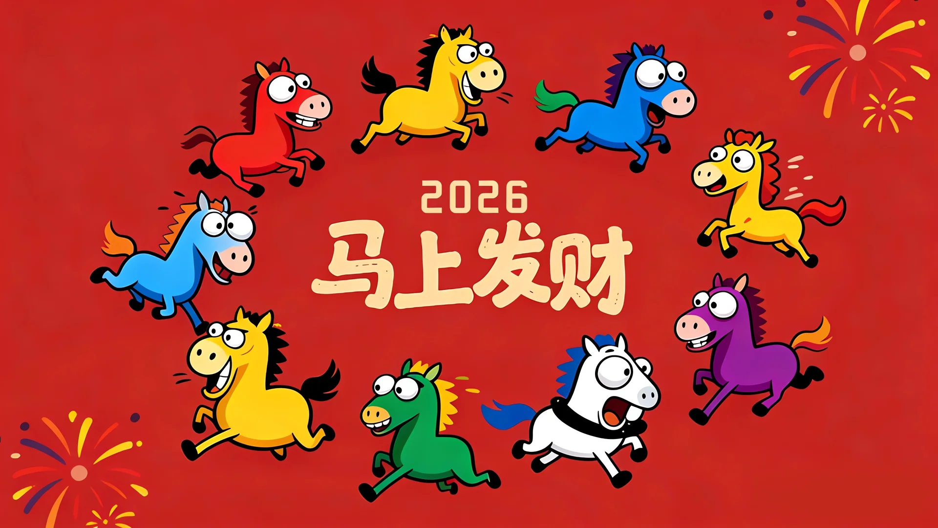 2026 马上发财 4K 卡通壁纸 萌趣氛围感彩马环绕场景桌面背景