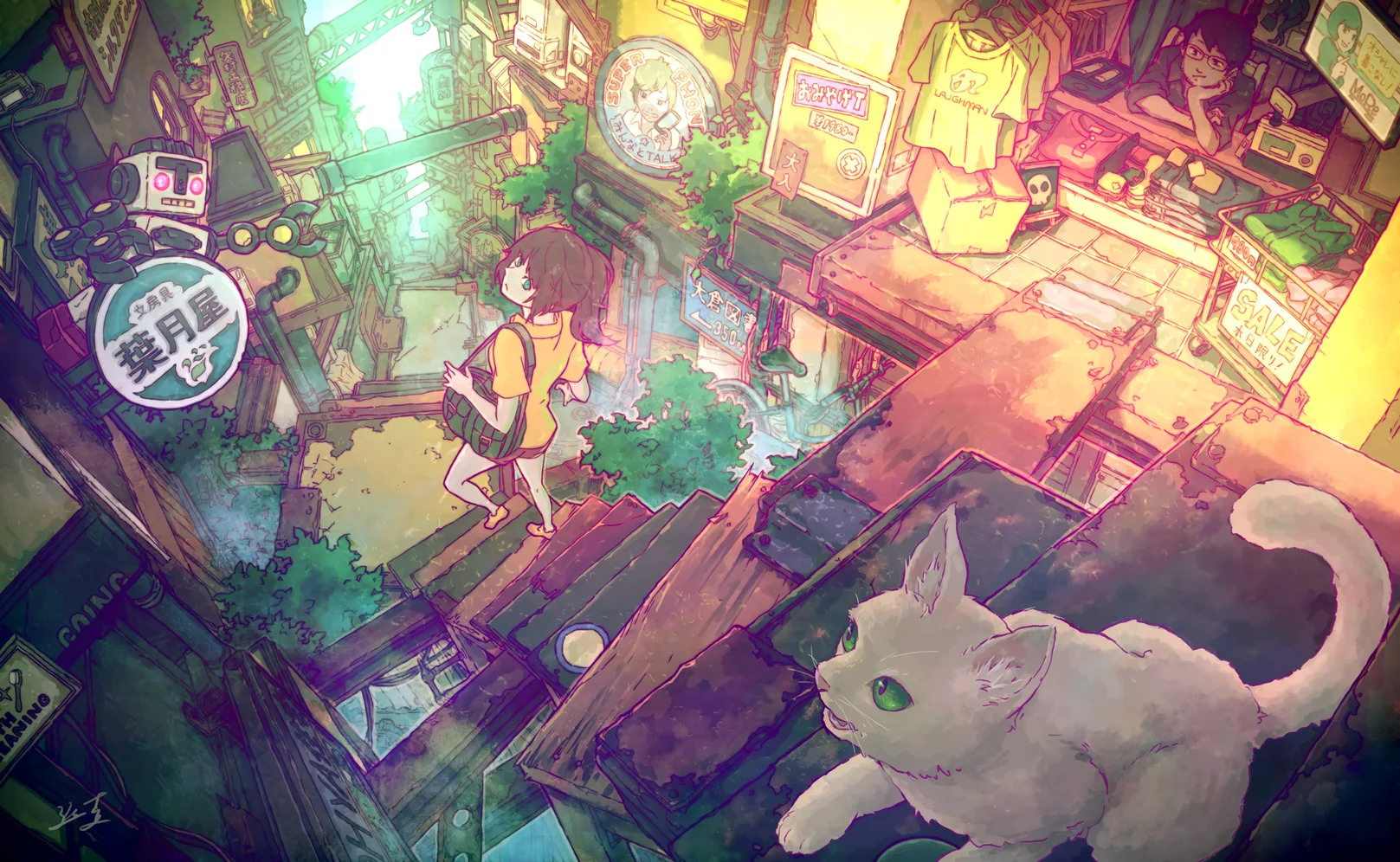 巷陌猫踪 4K 动漫壁纸 萌趣复古感日式街巷场景桌面背景