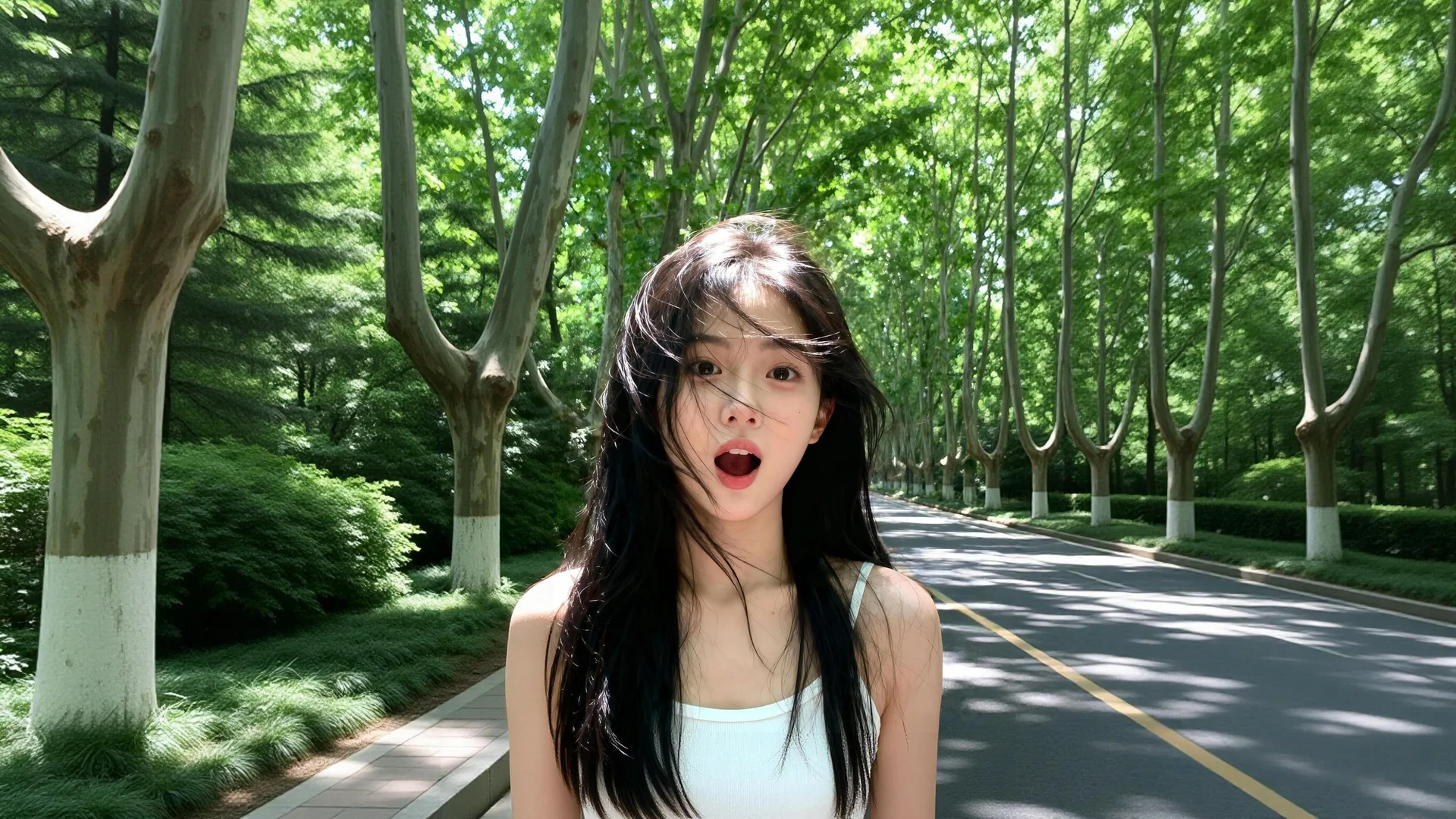 林荫风绪 4K 人像壁纸 清新活力感梧桐道少女场景桌面背景4K壁纸_4K美女