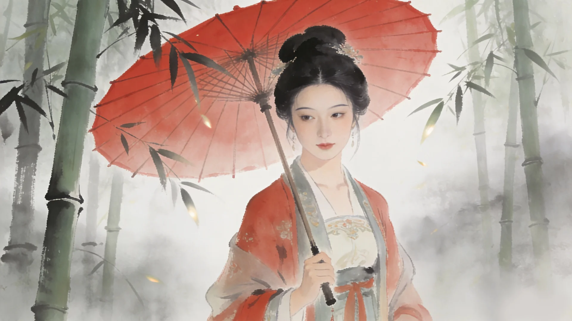 竹影红伞 4K 国风水墨壁纸 雅致诗意感竹林仕女场景桌面背景