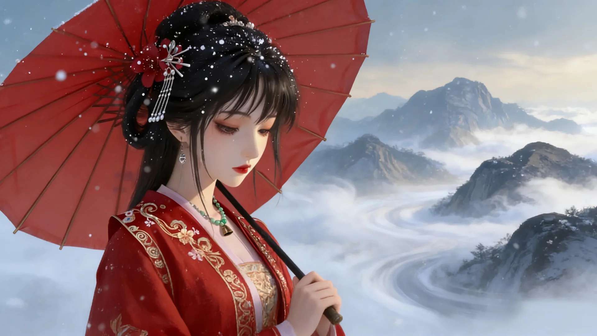 红伞雪峦 4K 国风壁纸 雅致诗意感冬雪仕女场景桌面背景