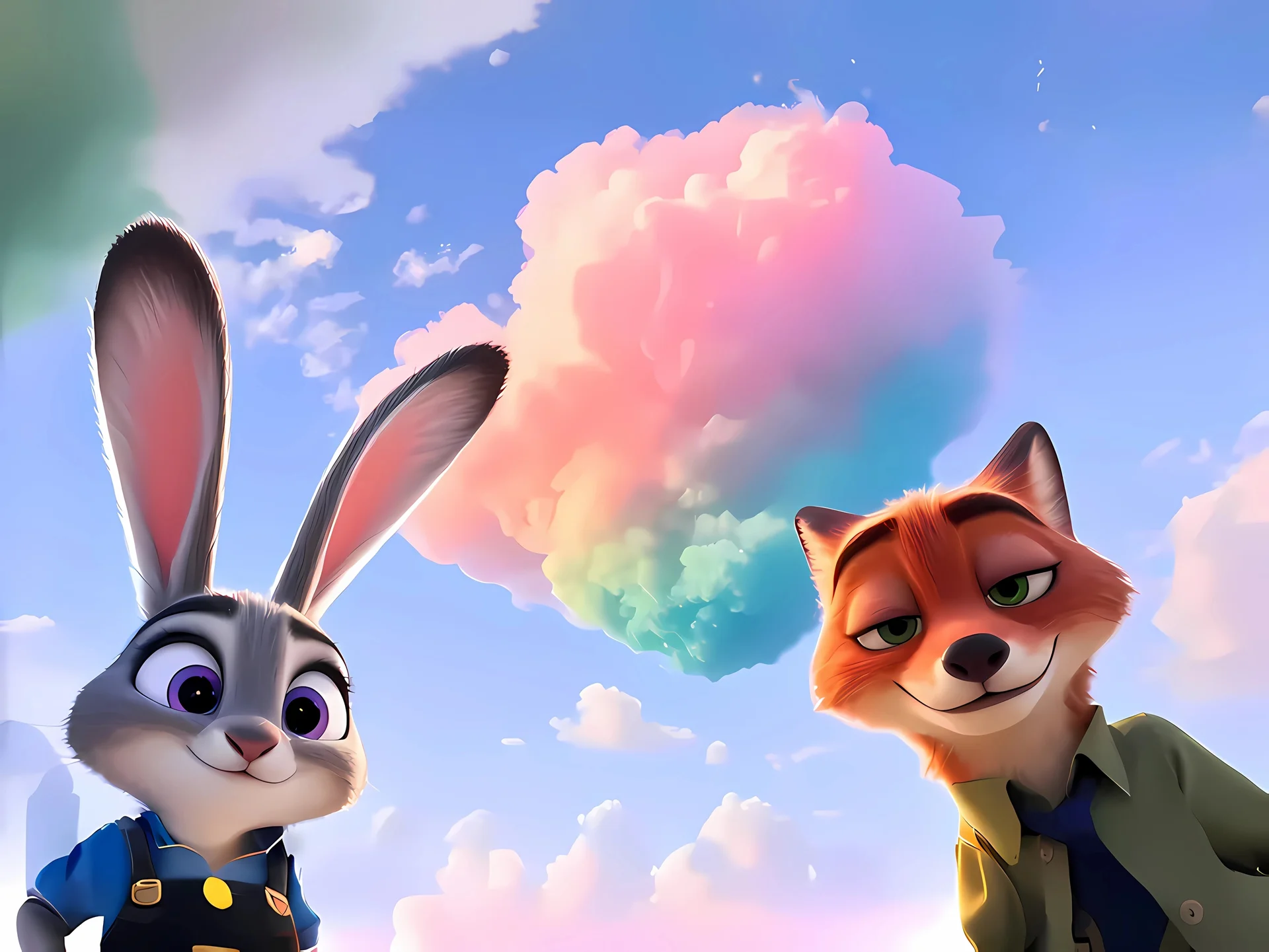 彩虹云搭档 4K 动漫壁纸 萌趣梦幻感《疯狂动物城》场景桌面背景