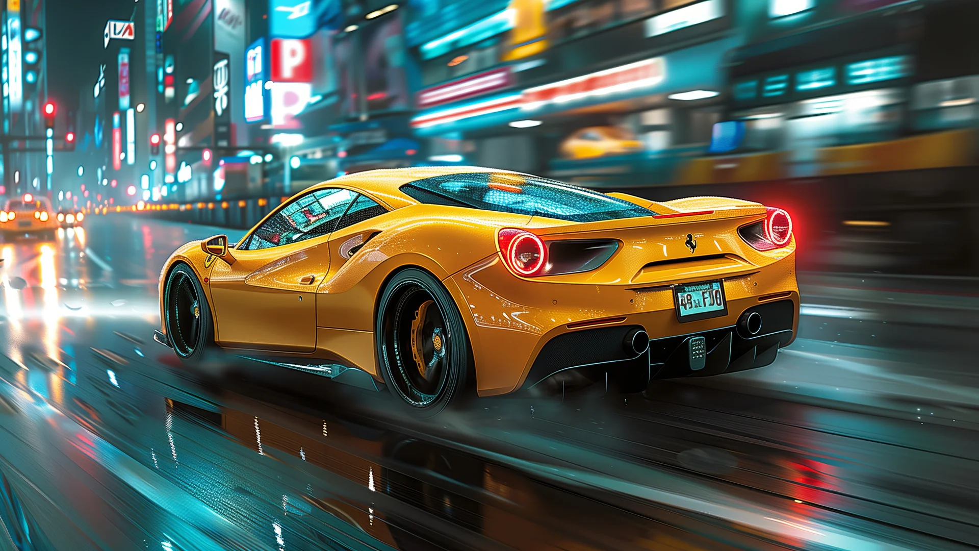 法拉利 488 Pista 赛博黄焰 4K 豪车壁纸 硬核赛博感都市雨夜场景桌面背景