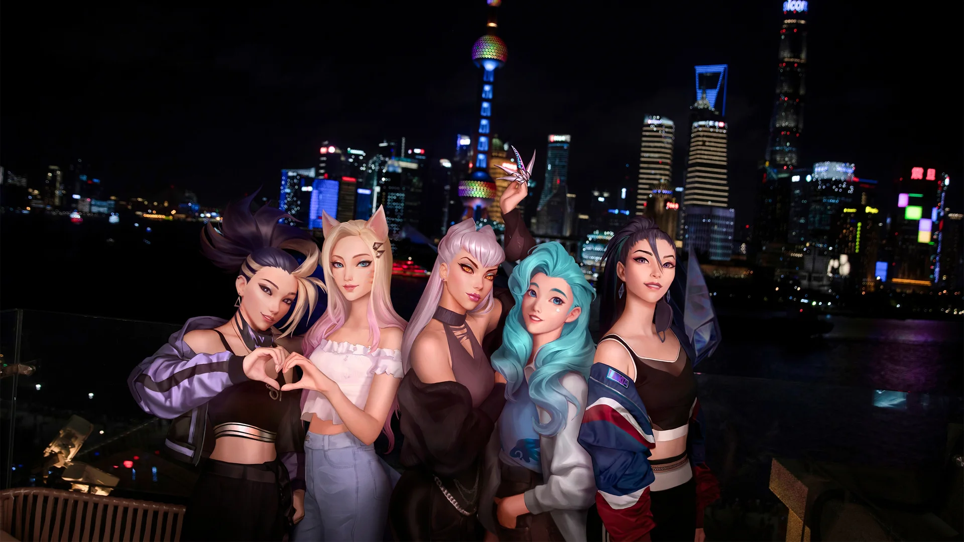 K/DA 女团上海之夜 4K 游戏壁纸 潮酷梦幻感都市女团场景桌面背景