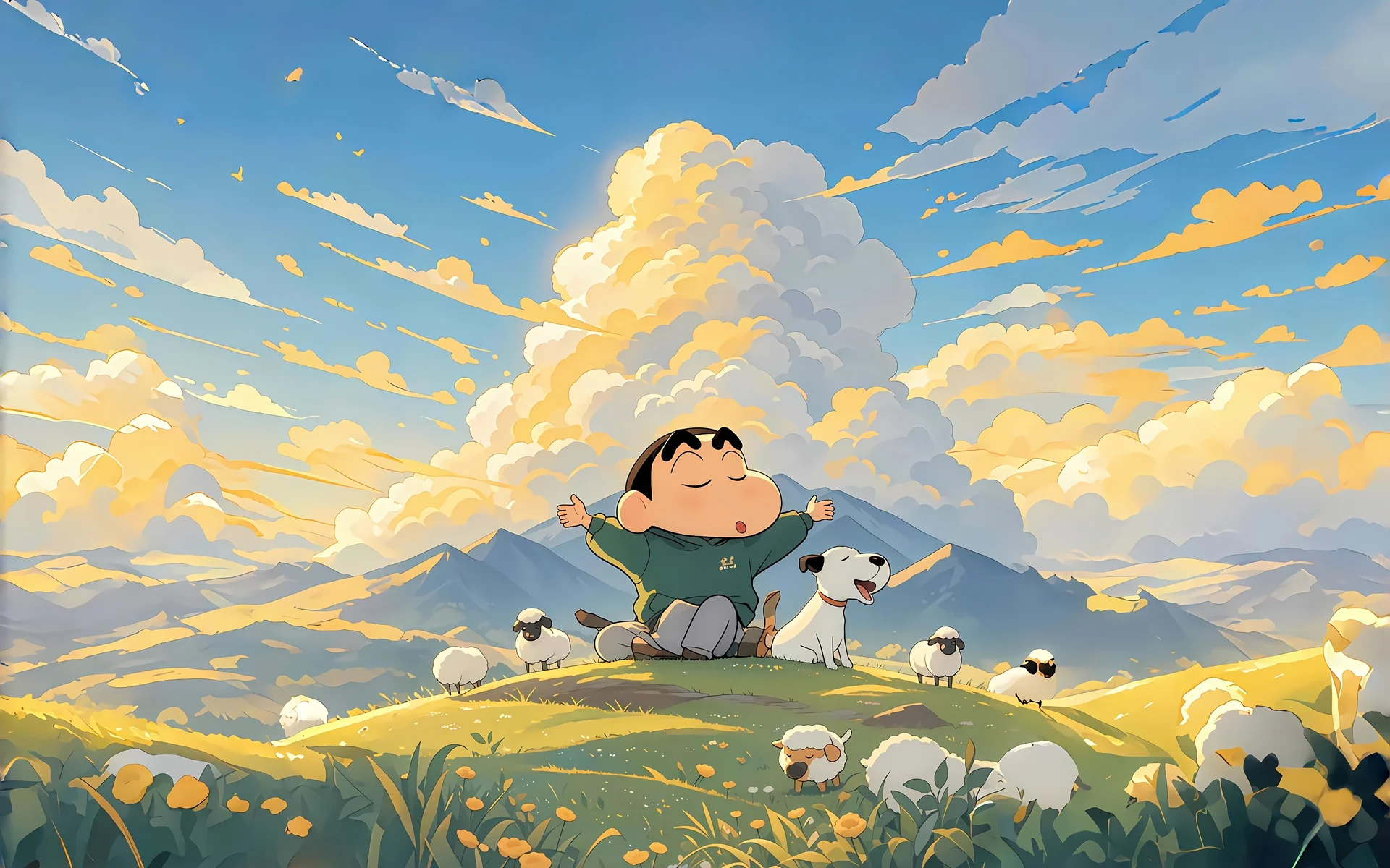 蜡笔小新草原云景 4K 动漫壁纸 清新治愈感春日部场景桌面背景4K壁纸_4K动漫