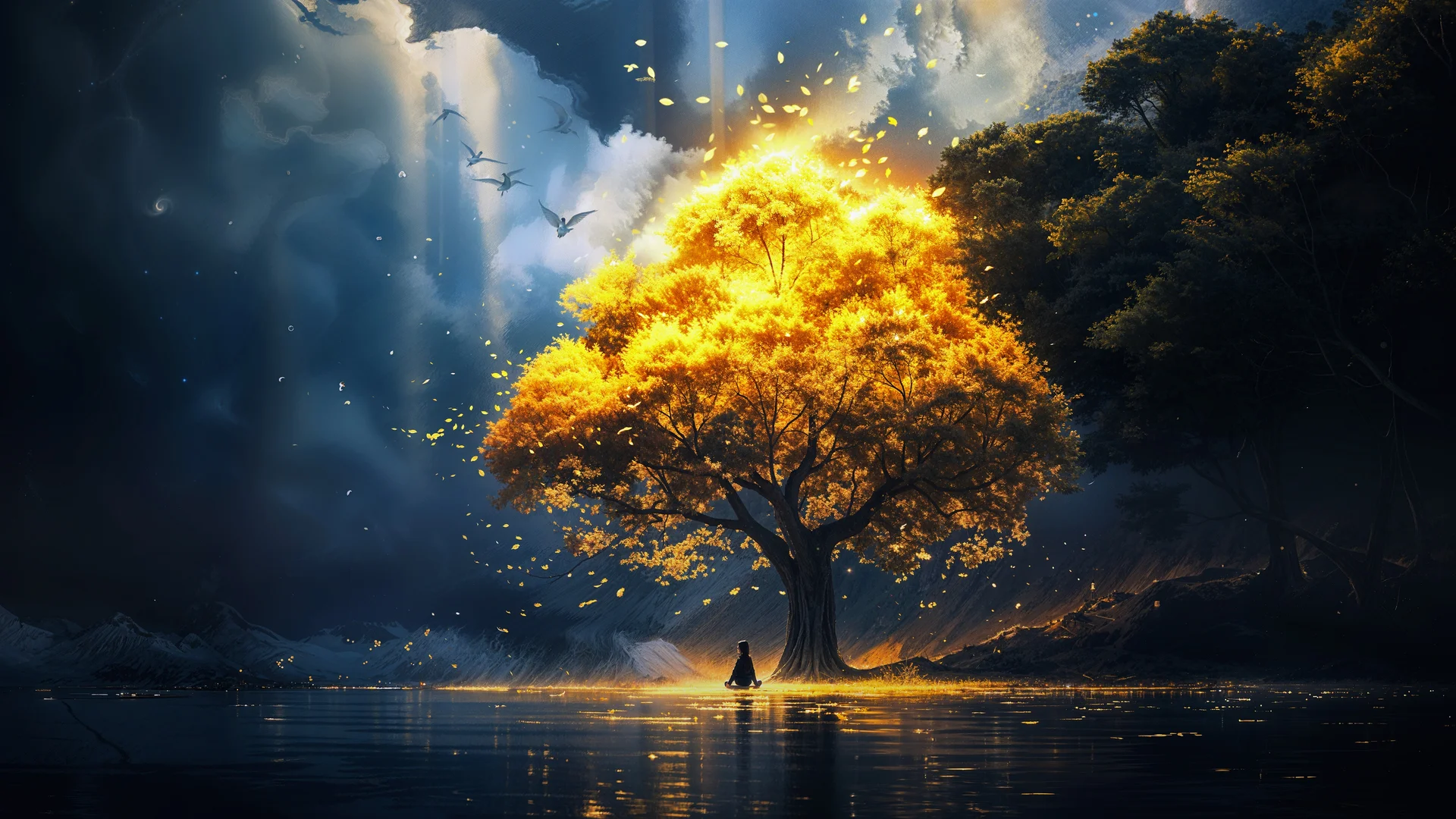 黄金圣树 4K 动漫壁纸 空灵治愈感湖畔神树场景桌面背景4K壁纸_4K动漫