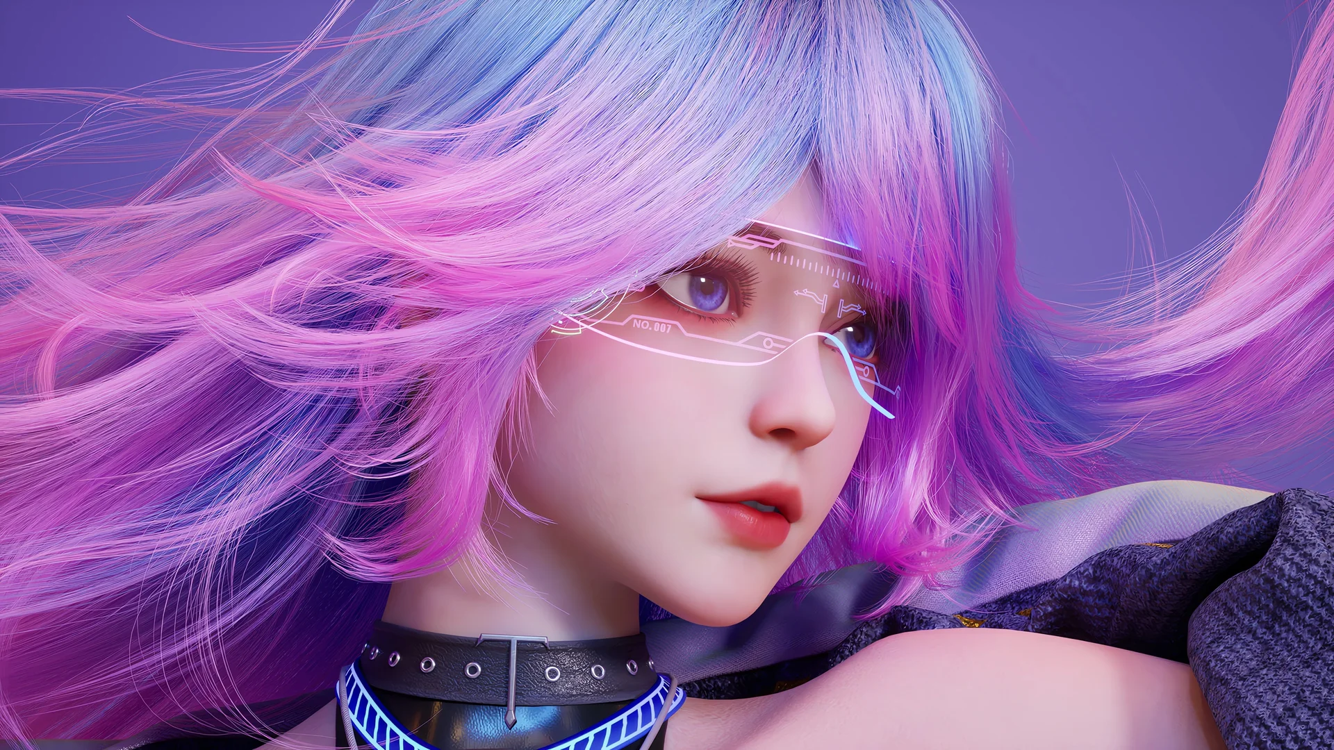 赛博粉蓝少女 4K 动漫壁纸 潮酷未来感 3D 渲染场景桌面背景