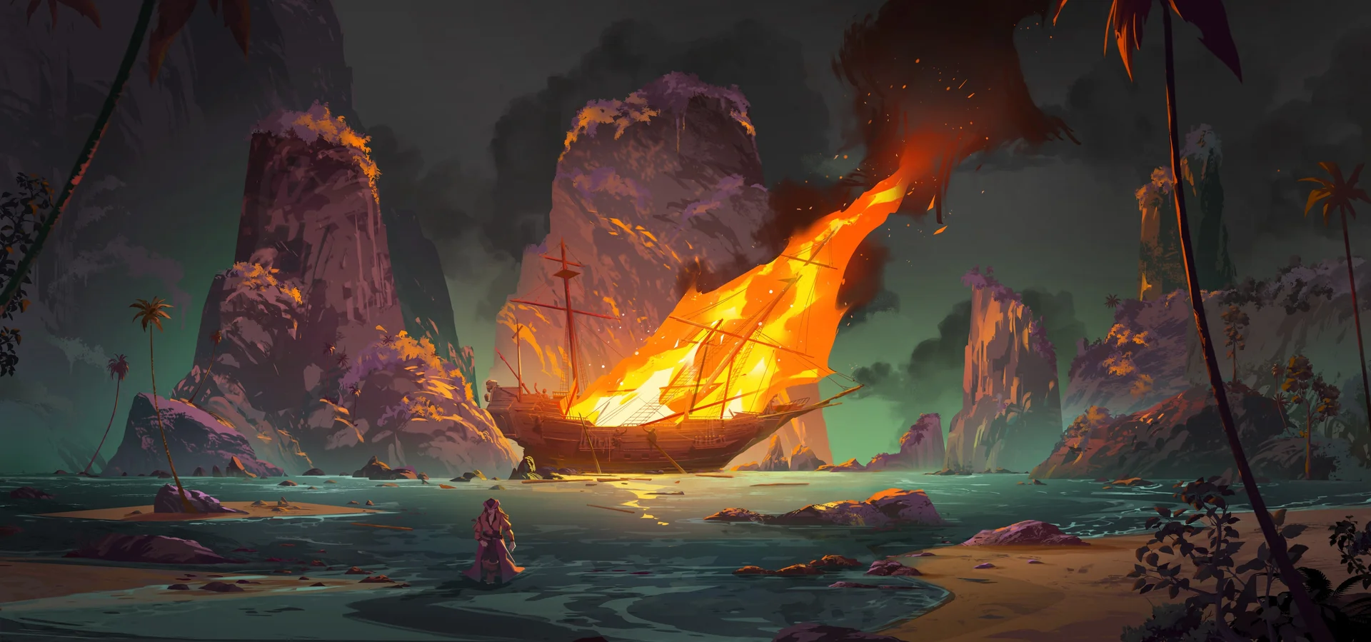 焰海孤帆 4K 奇幻壁纸 暗黑悲壮感海湾沉船场景桌面背景