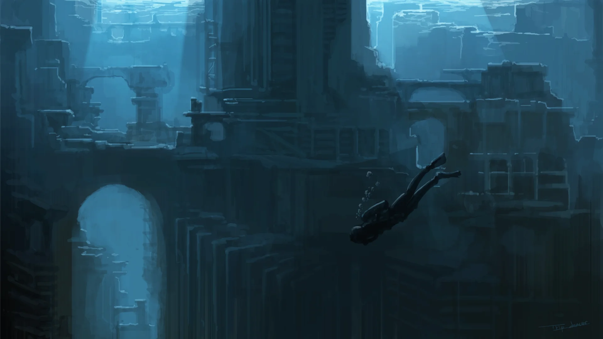 水下古城 4K 奇幻壁纸 暗黑空灵感深海遗迹场景桌面背景