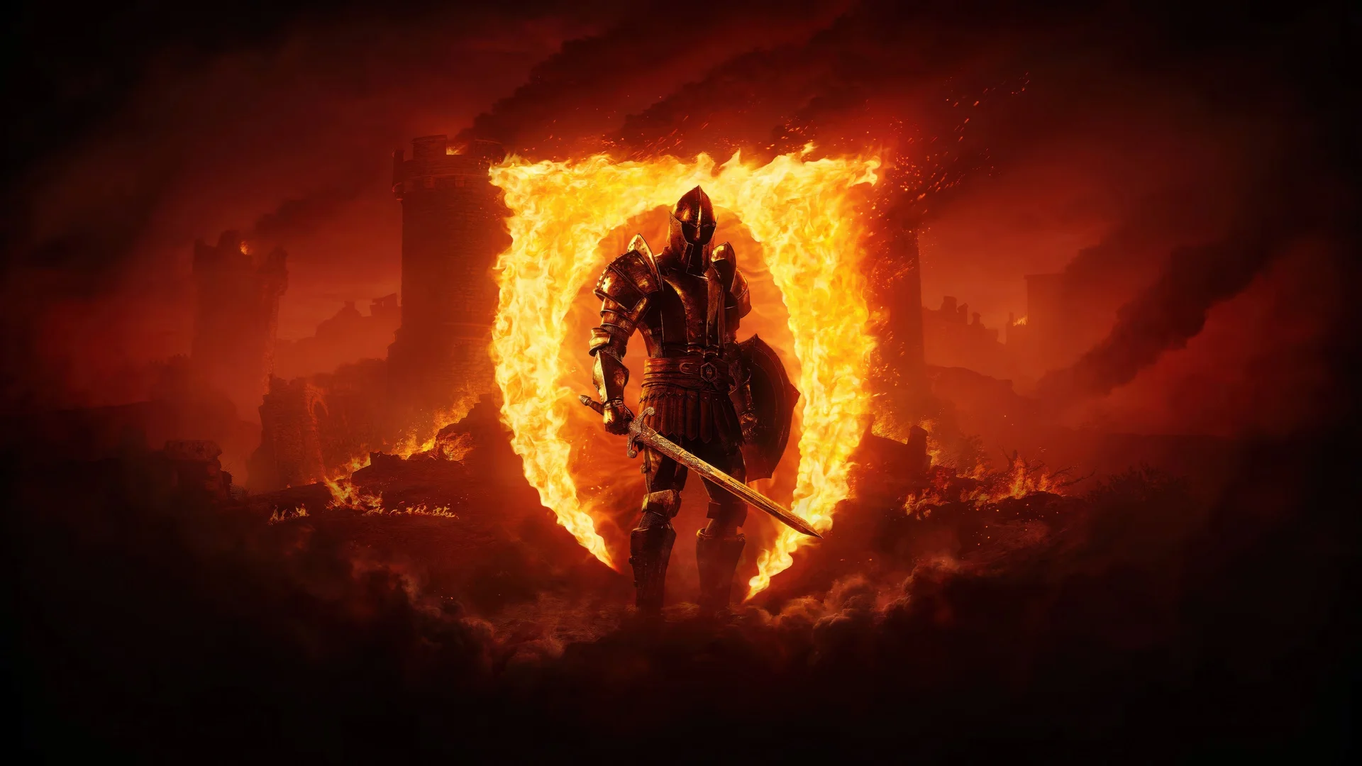 《上古卷轴 5：天际》火焰之门骑士 4K 游戏壁纸 硬核暗黑感魔幻骑士场景桌面背景