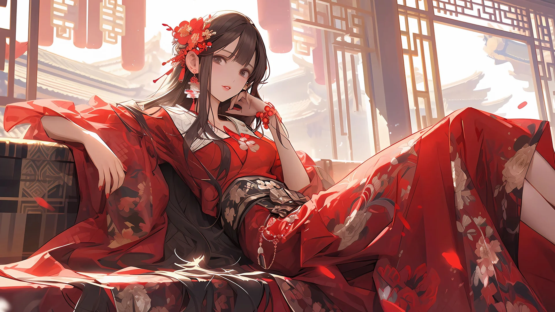 国风红裙少女 4K 动漫壁纸 清新雅致感中式庭院场景桌面背景4K壁纸_4K动漫
