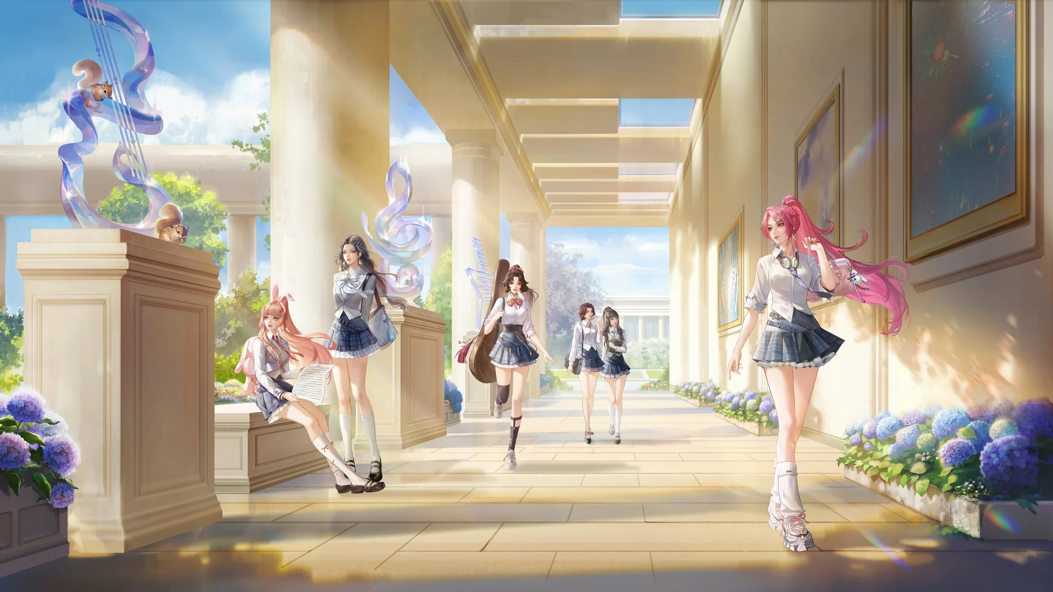 学园走廊 JK 少女 4K 动漫壁纸 清新活力感校园群像场景桌面背景4K壁纸_4K动漫