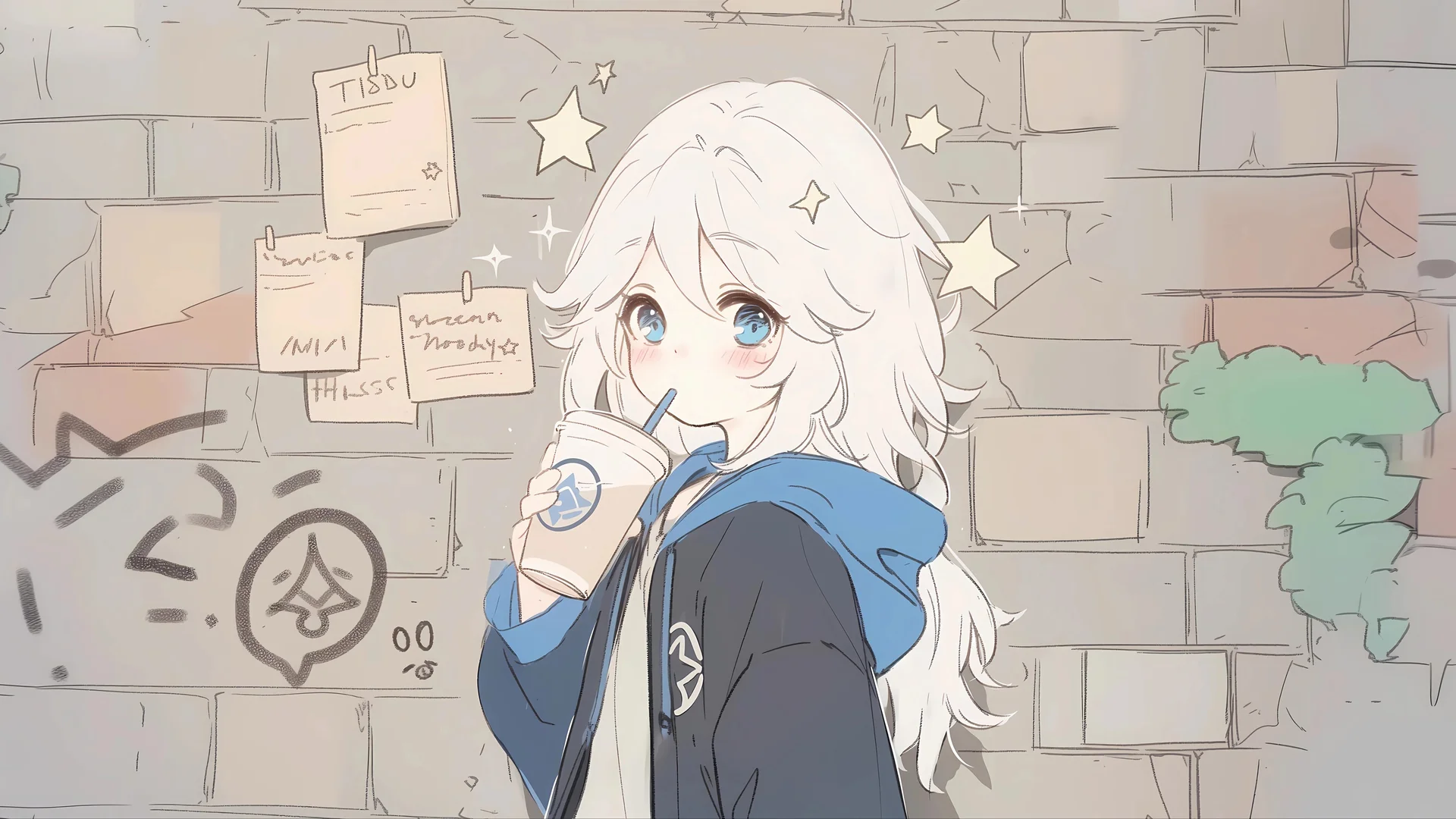 白发少女街头奶茶，清新治愈 4K 插画壁纸