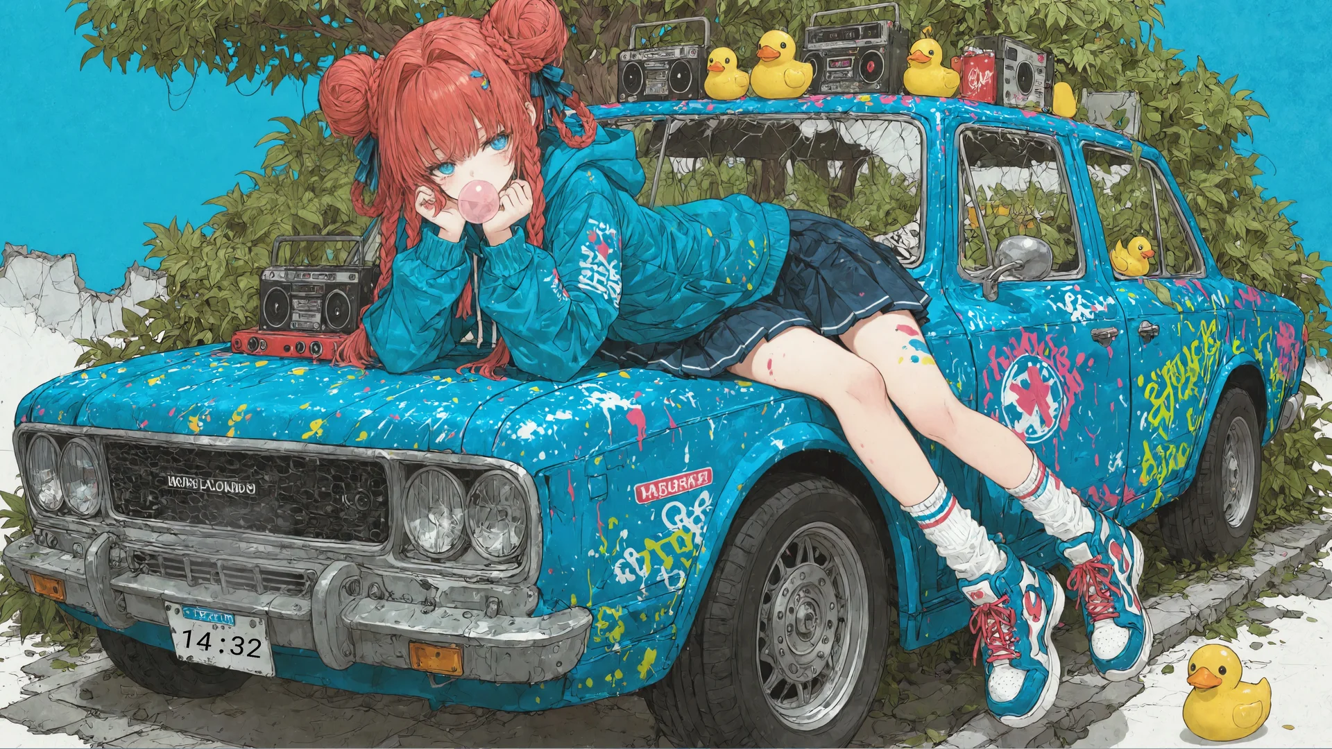 复古汽车红发少女，潮酷复古 4K 插画壁纸