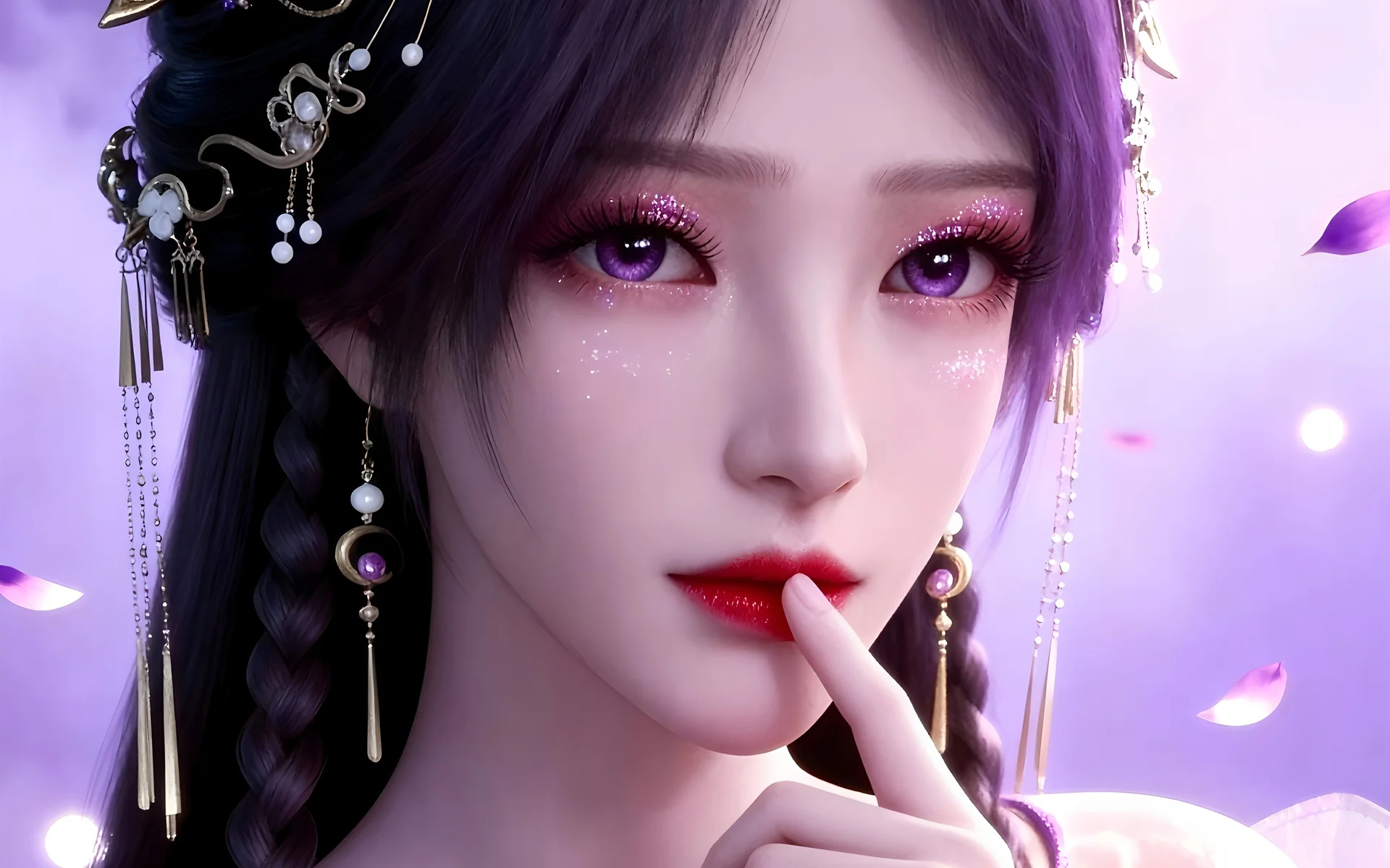 姬紫月紫发古风少女，紫韵星眸 4K 插画壁纸