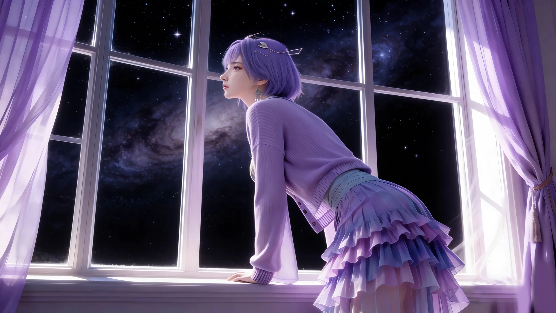 紫发少女星空窗景，星夜凝望 4K 插画壁纸