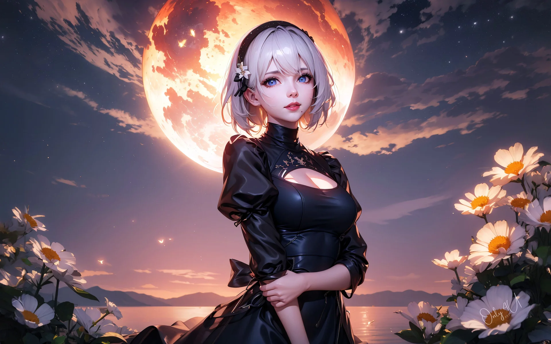 银发少女月夜花境，幻月绮梦 4K 插画壁纸