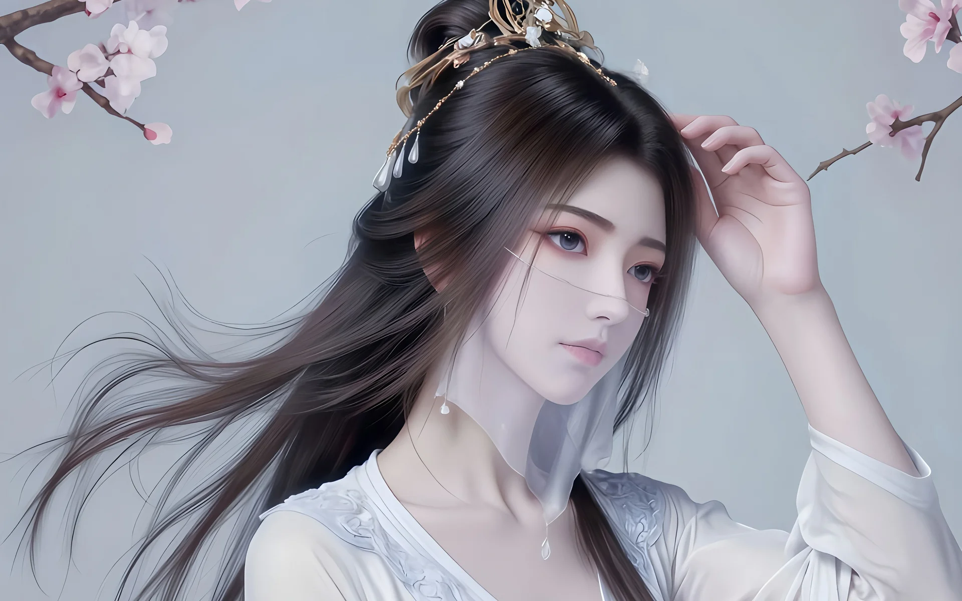 凡人修仙传紫灵 古风面纱少女，桃枝玉影 4K 插画壁纸