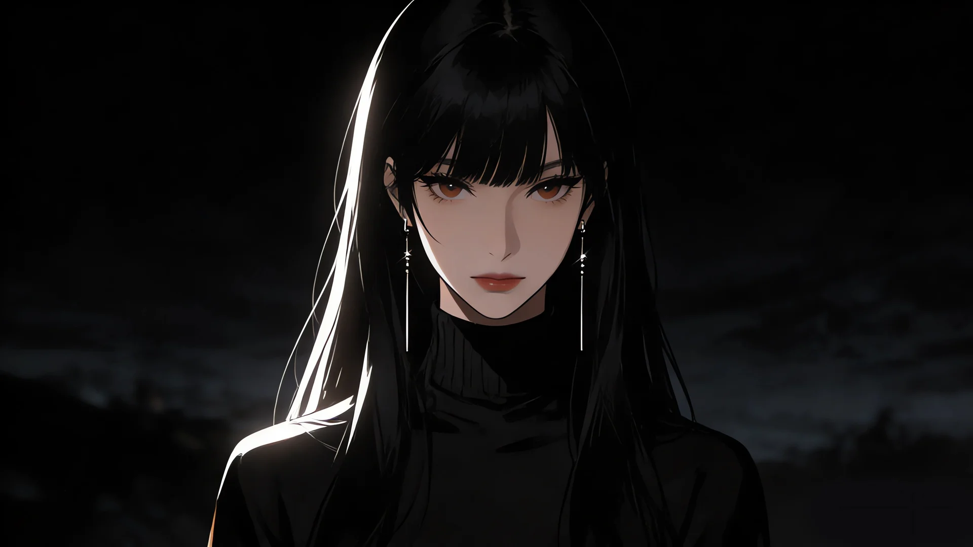 黑发红唇少女，暗夜微光 4K 插画壁纸