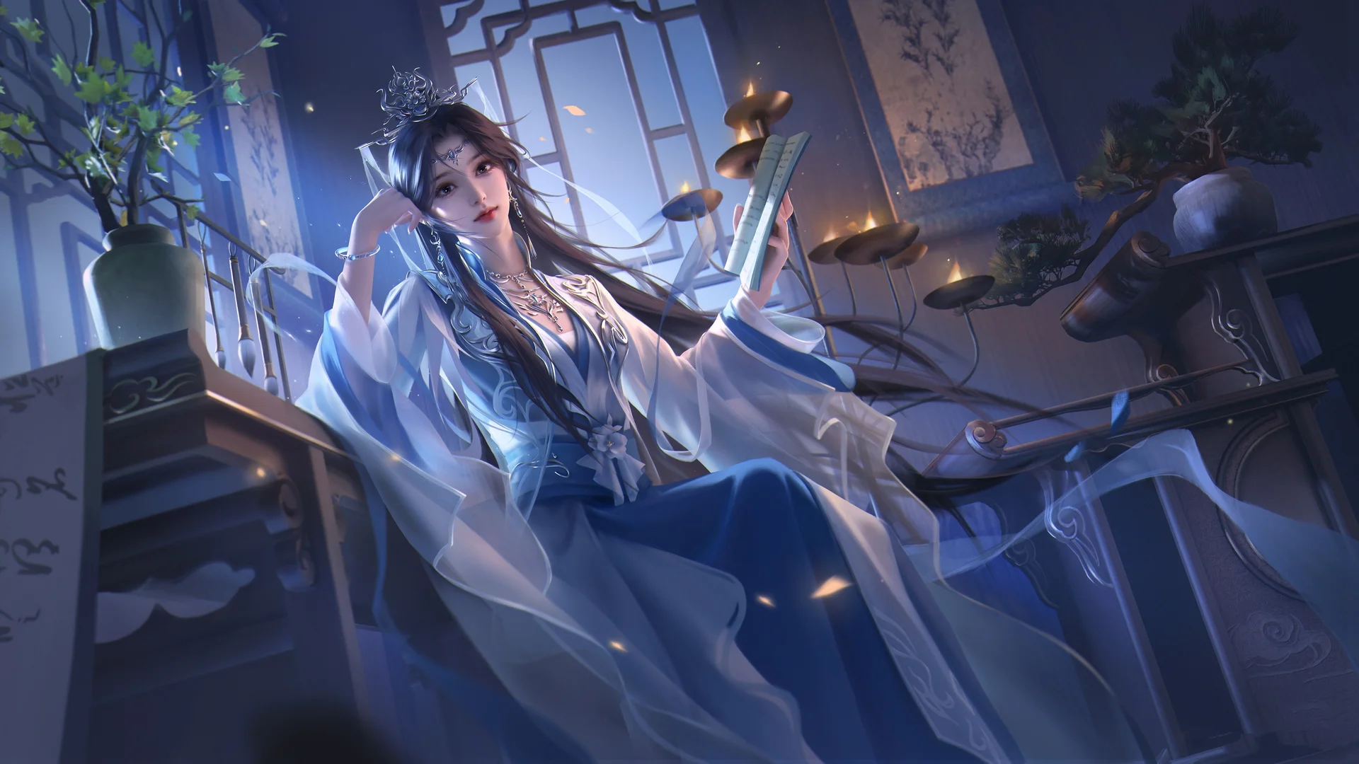 仙逆 李慕婉 蓝裙古风少女夜读，青灯古卷 4K 插画壁纸