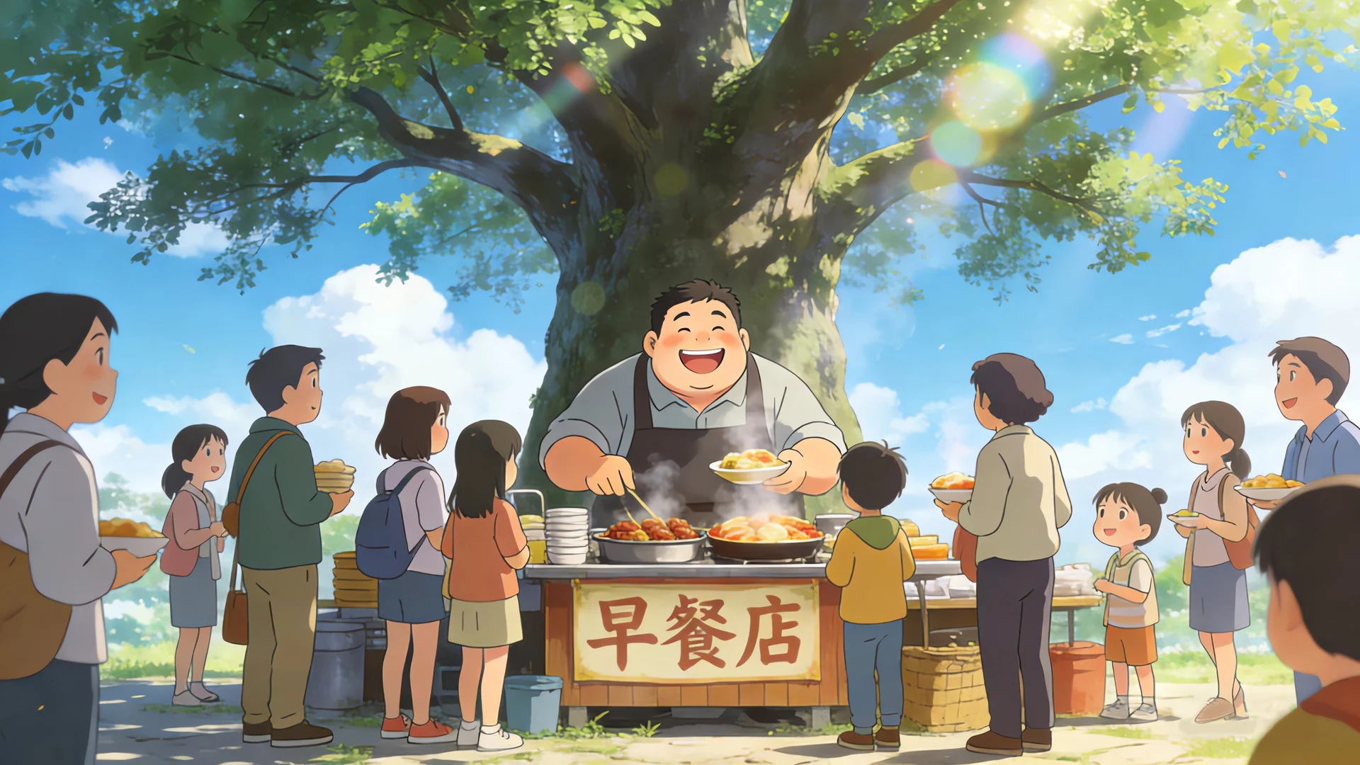 大树下的早餐店，烟火日常 4K 治愈插画壁纸