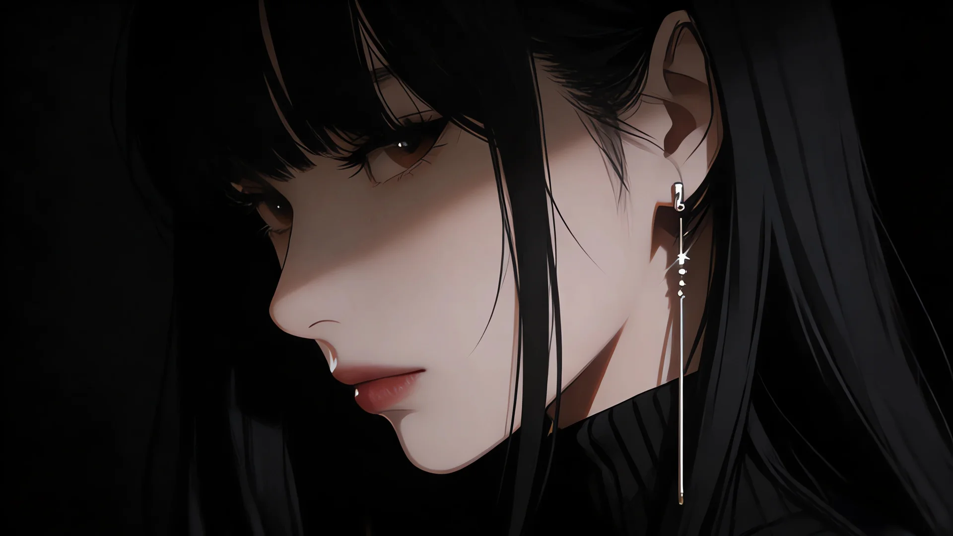 黑发红唇侧颜少女，暗夜流光 4K 插画壁纸